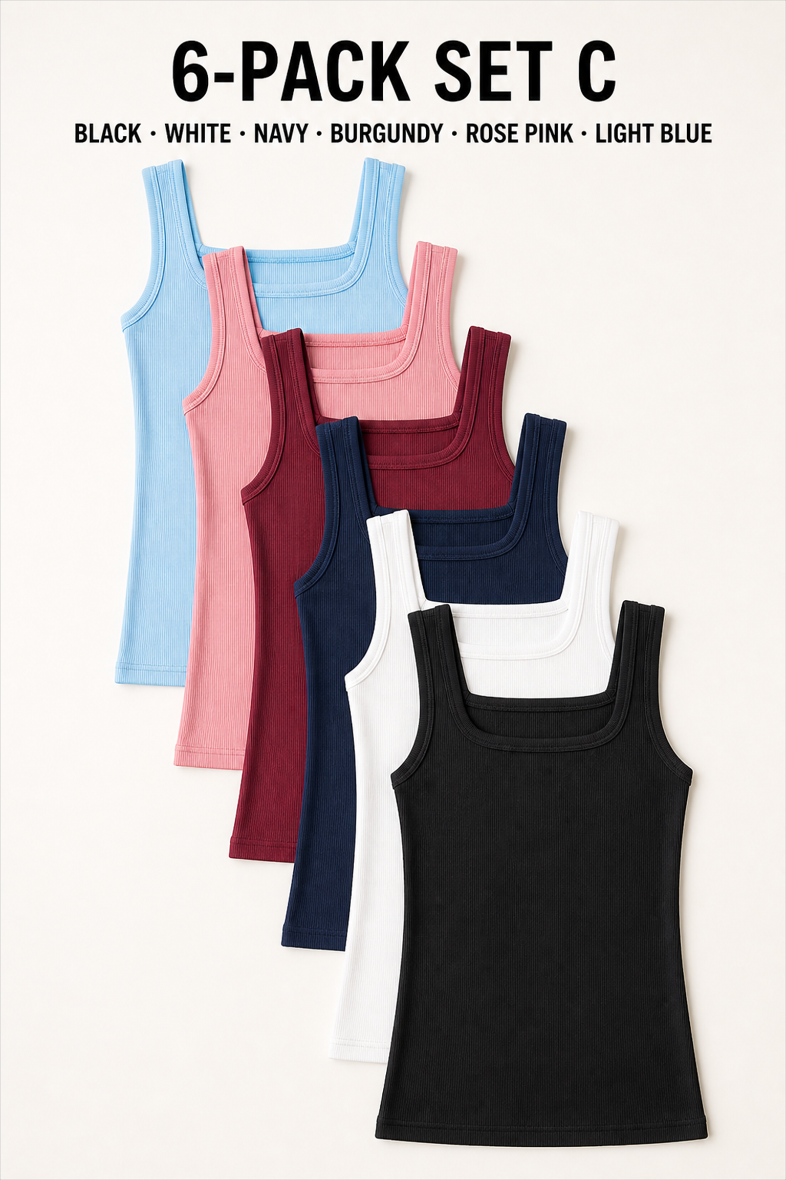 6-Pack Set C in Black, White, Navy, Burgundy, Rose Pink and Light Blue