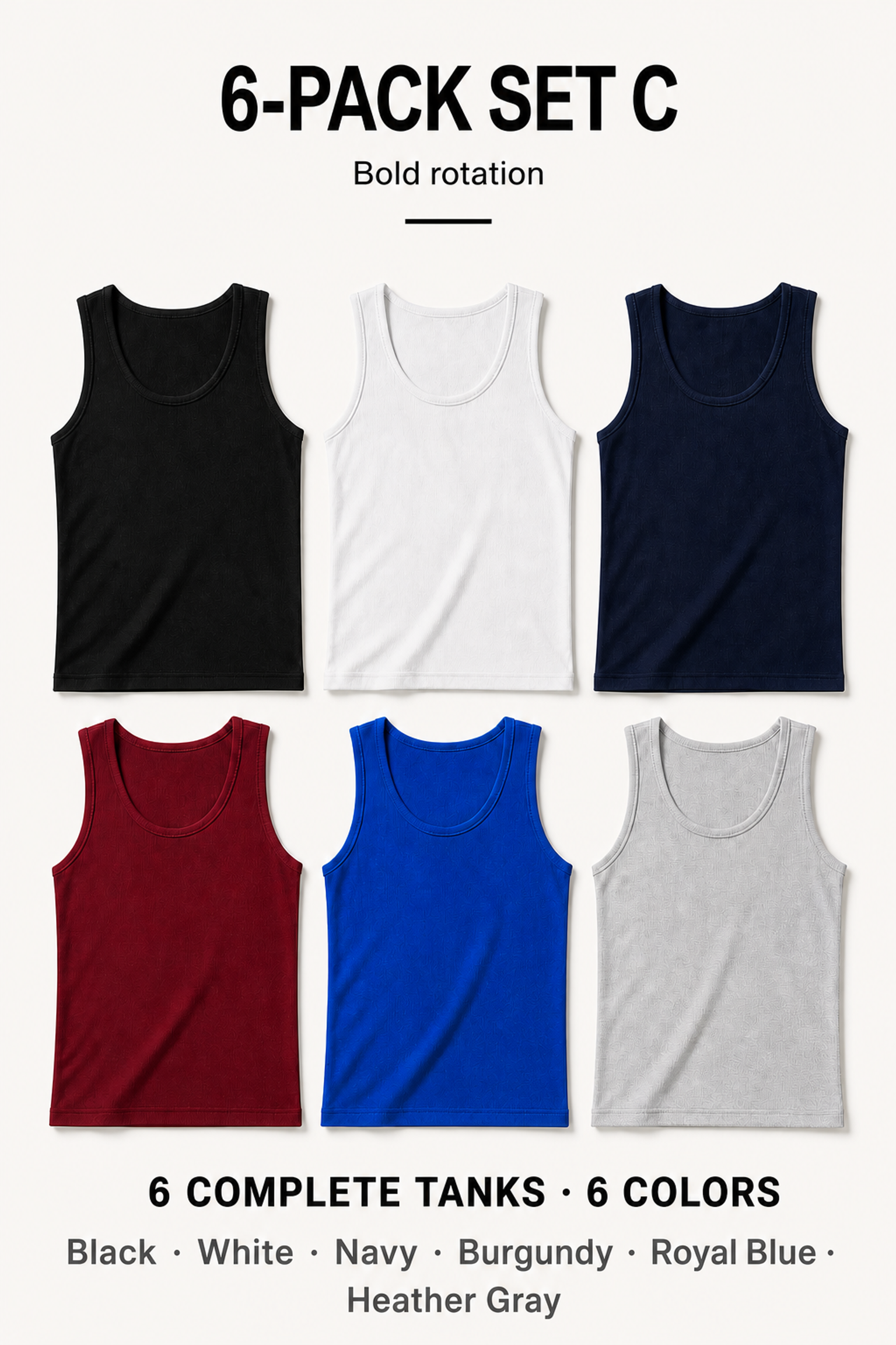 6-Pack Set C with Black, White, Navy, Burgundy, Royal Blue and Heather Gray