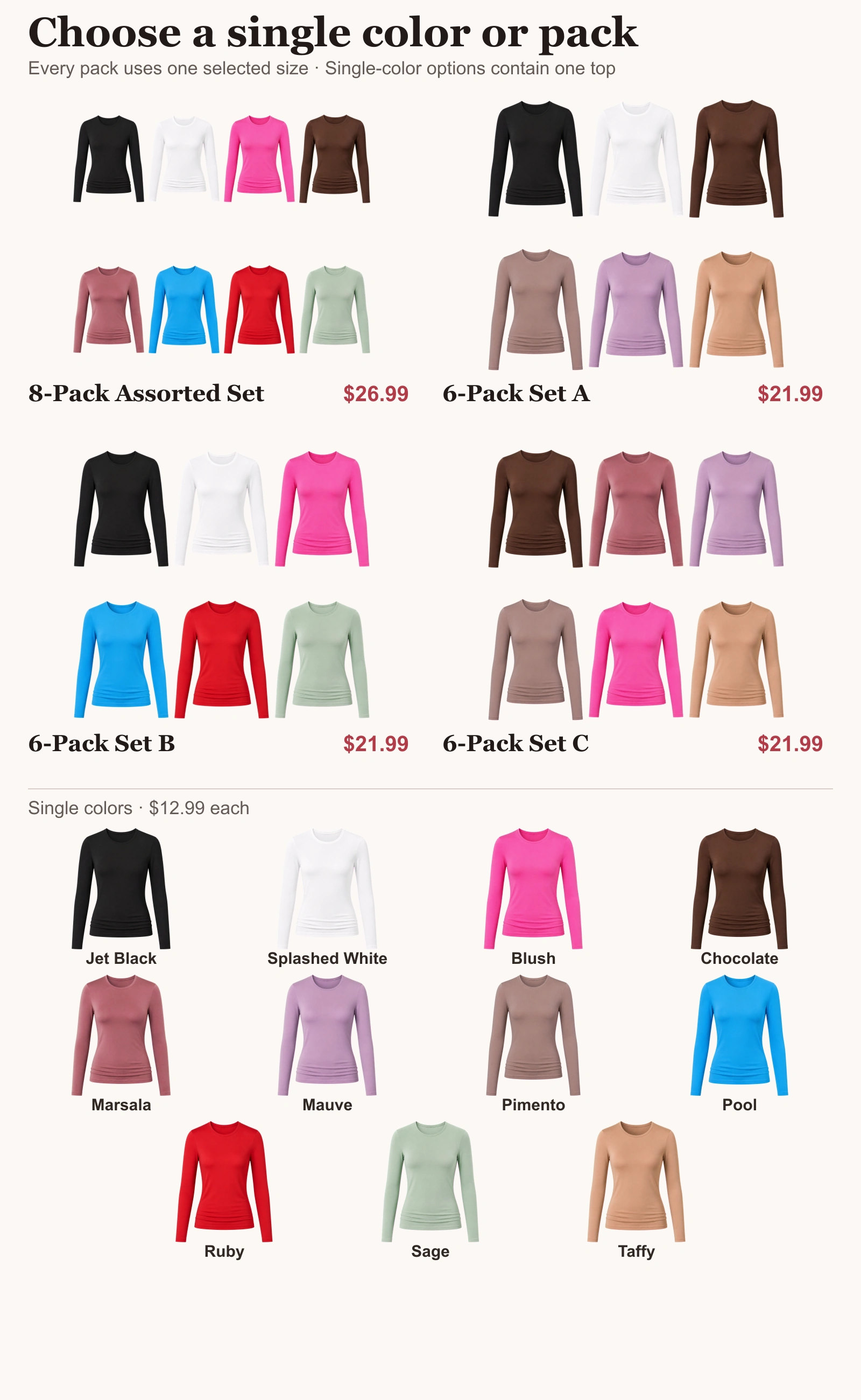 All eleven single colors, three six-pack sets and the eight-pack set with exact product thumbnails and prices