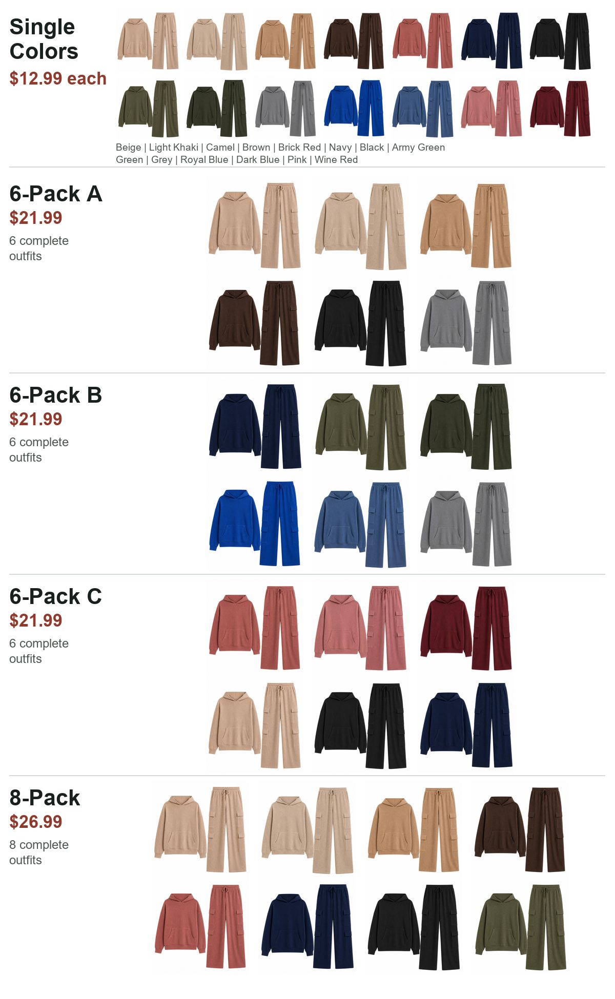Large complete-outfit views for all single colors, three 6-Pack sets and the 8-Pack Assorted Set