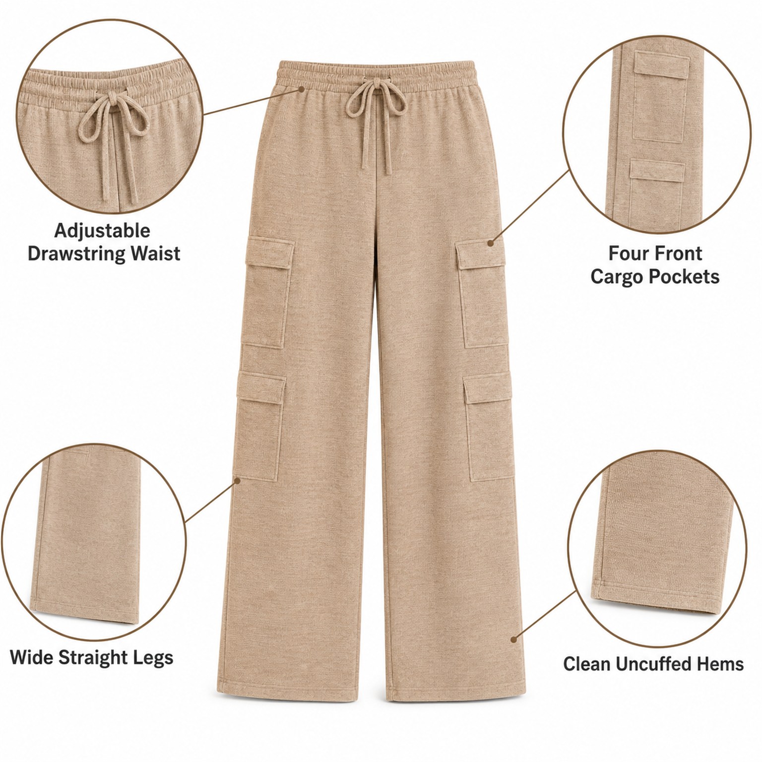 Complete beige wide-leg pants with four front flap cargo pockets
