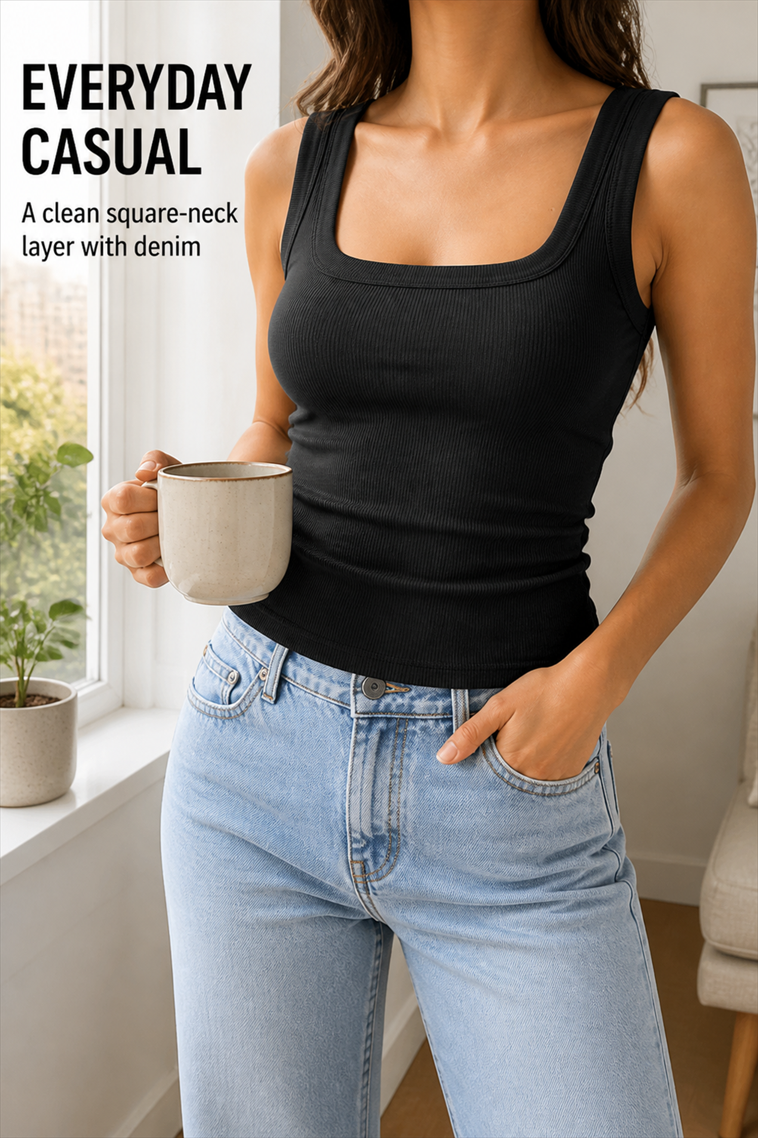 Everyday casual styling of black square-neck tank with light-wash denim