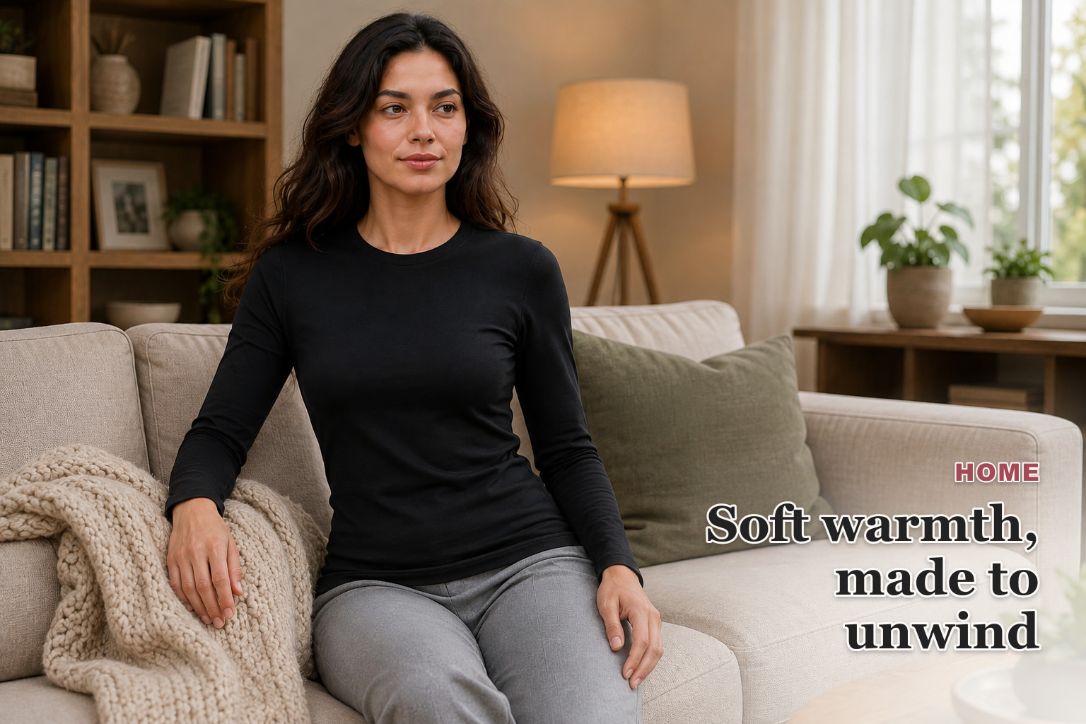 Woman wearing the Jet Black fitted long-sleeve base layer while relaxing at home