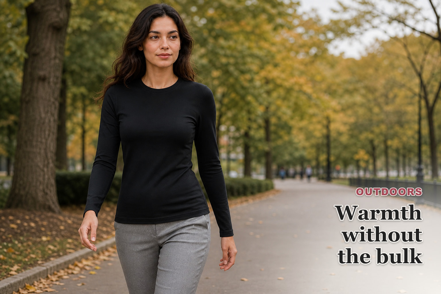 Woman wearing the Jet Black fitted long-sleeve base layer outdoors on a cool autumn day