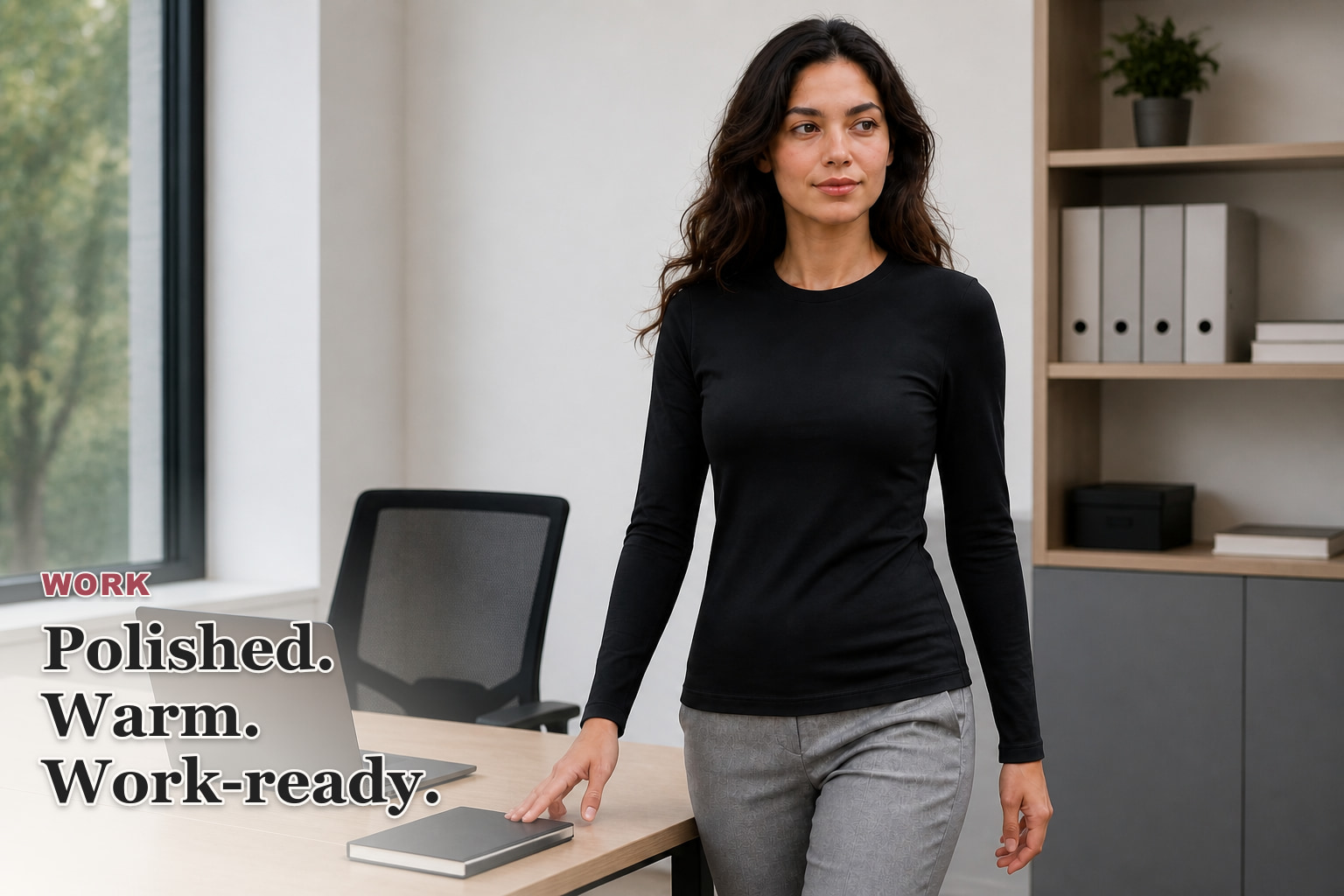 Woman wearing the Jet Black fitted long-sleeve base layer in a modern work setting