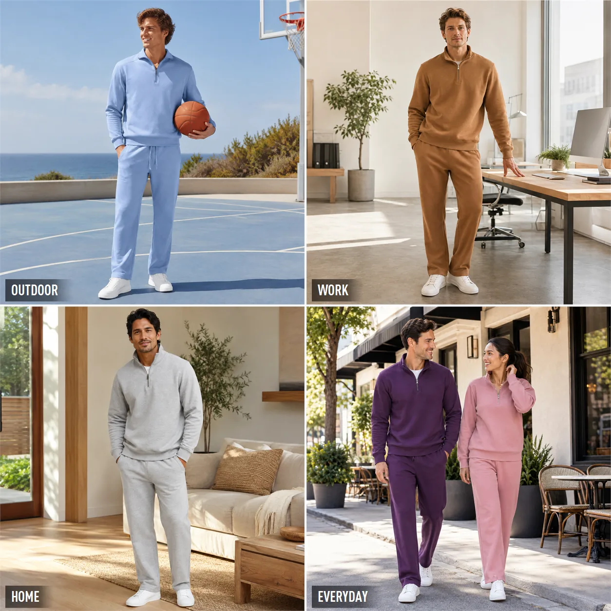 Four lifestyle settings for the unisex half-zip hoodie and sweatpants set