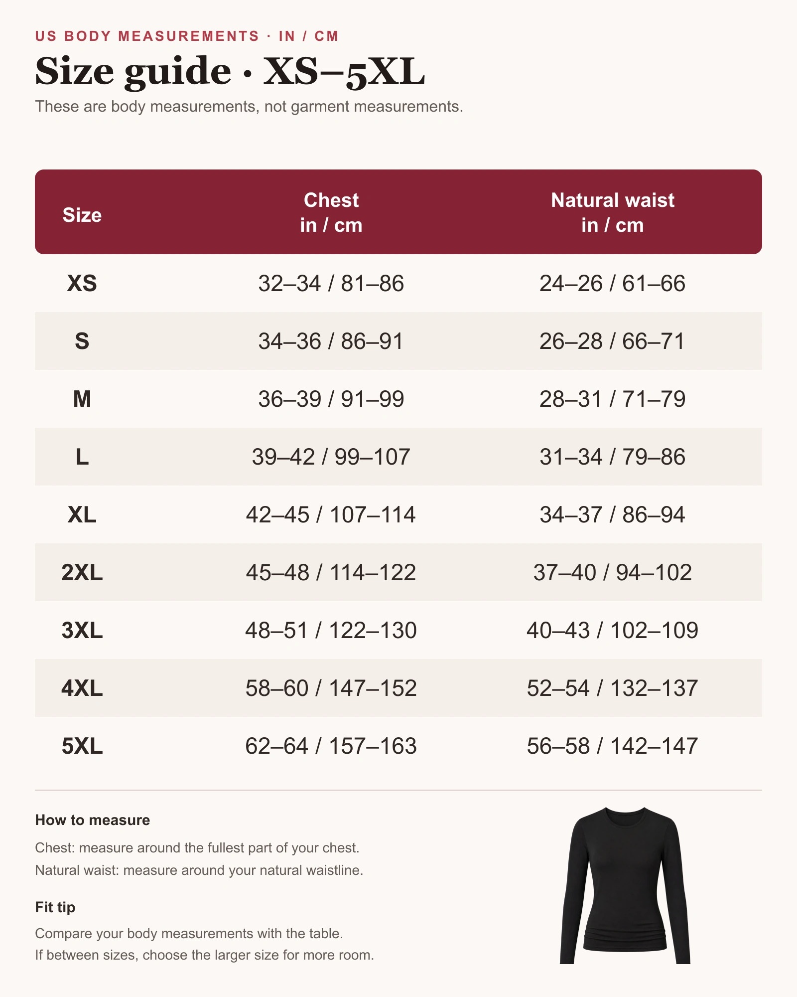 US body-measurement size guide for XS through 5XL with chest and natural-waist values in inches and centimeters
