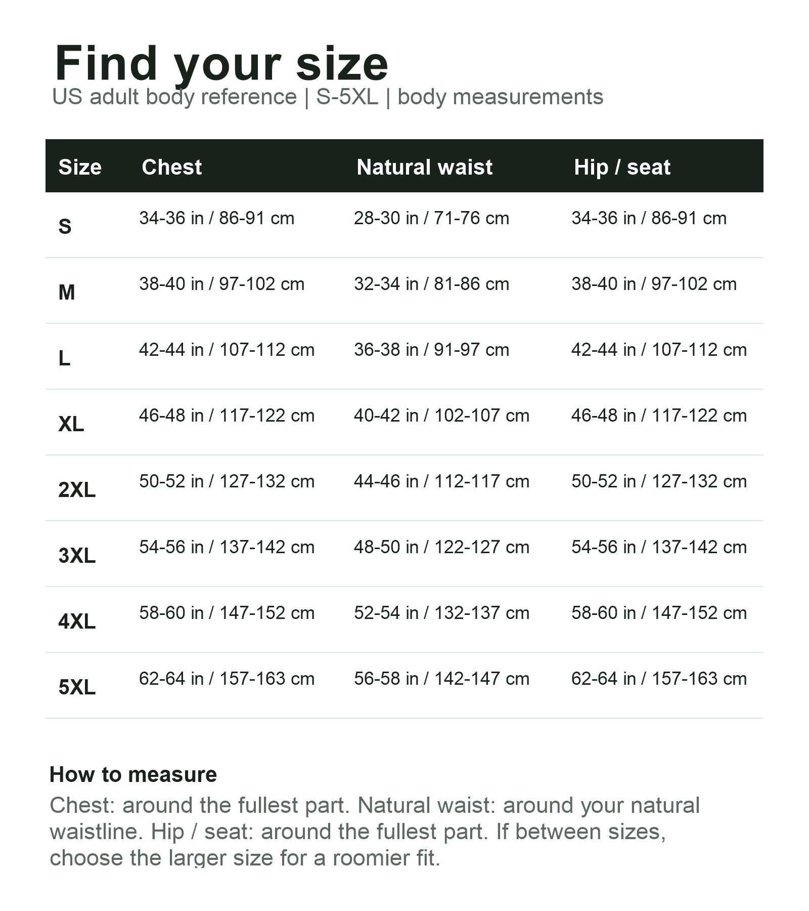 US adult body measurement reference from S through 5XL