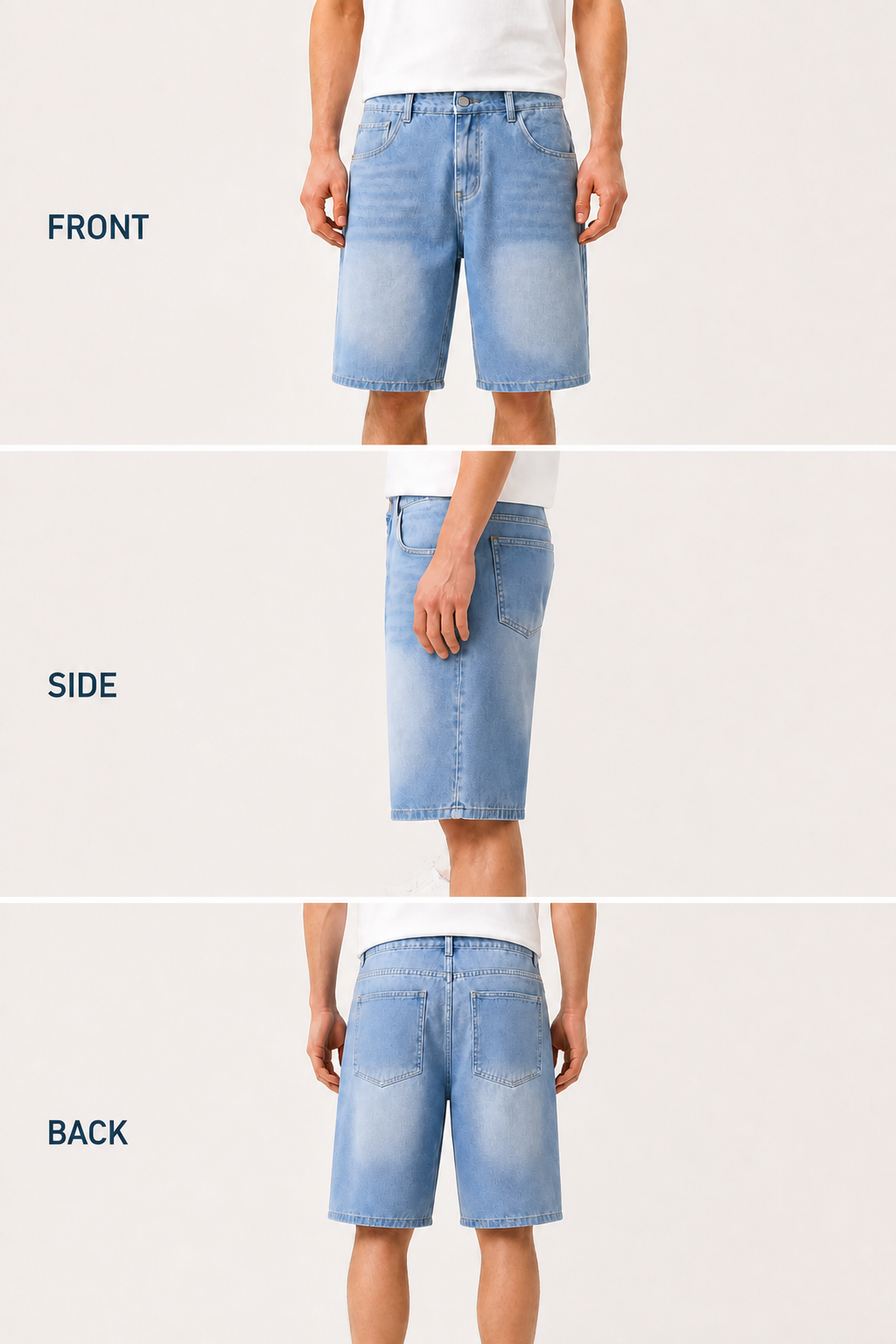 Unified front side and back views of men's light denim knee-length shorts at consistent scale
