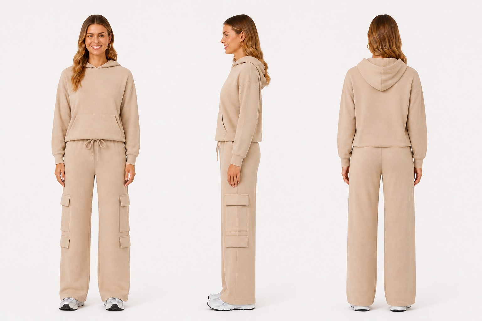 Front, side and back views of the beige hoodie and cargo-pants set