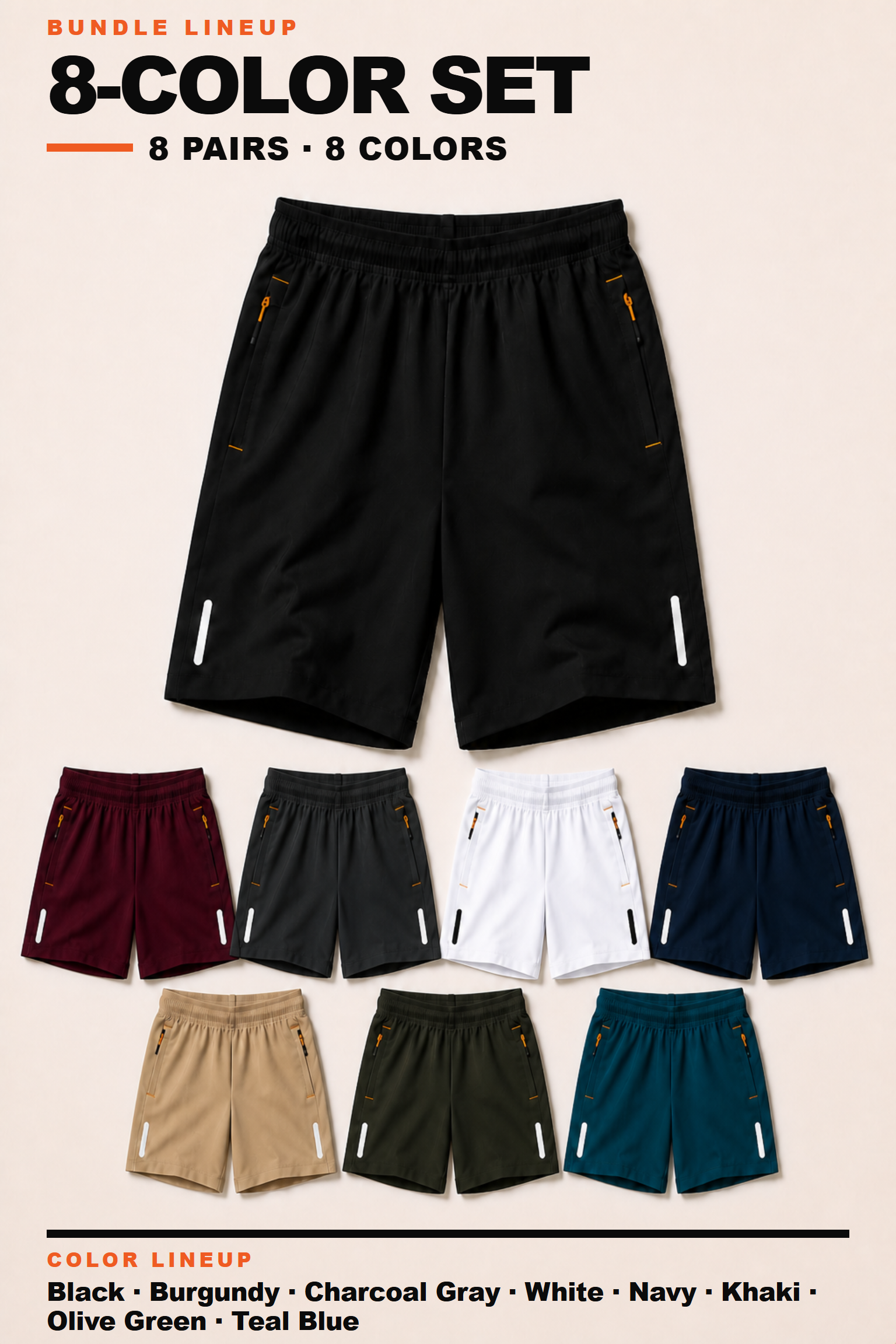 Eight-color active shorts set in a vertical layout with one large Black hero pair and seven larger colors in a four-plus-three arrangement