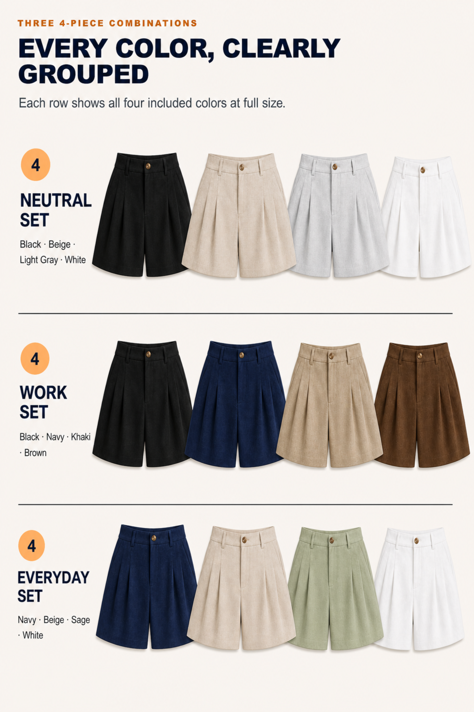 Neutral, Work and Everyday four-piece shorts sets with all included colors clearly grouped
