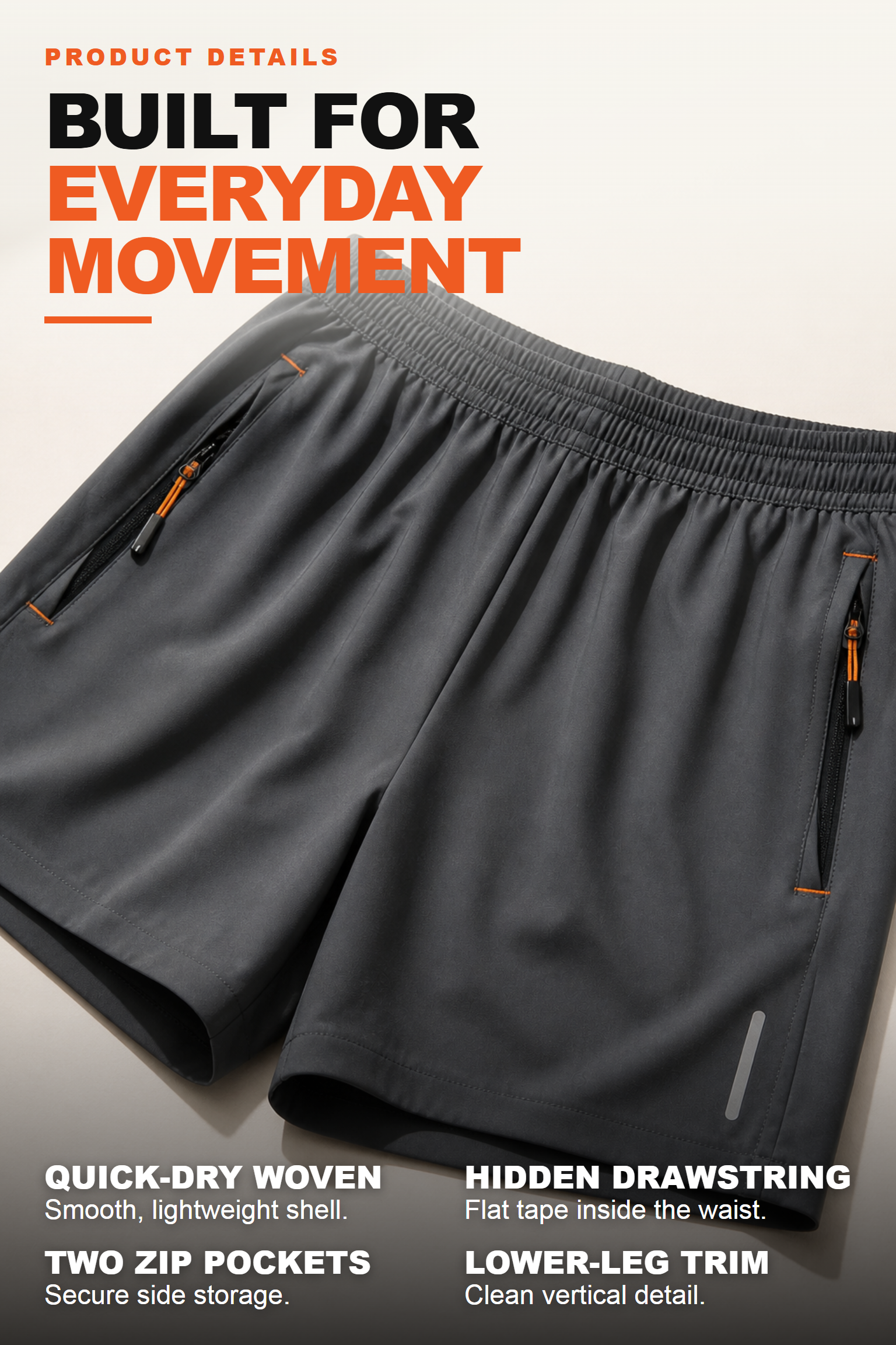 Men's active shorts quick-dry fabric, inner drawstring, zip pockets and lower-leg trim