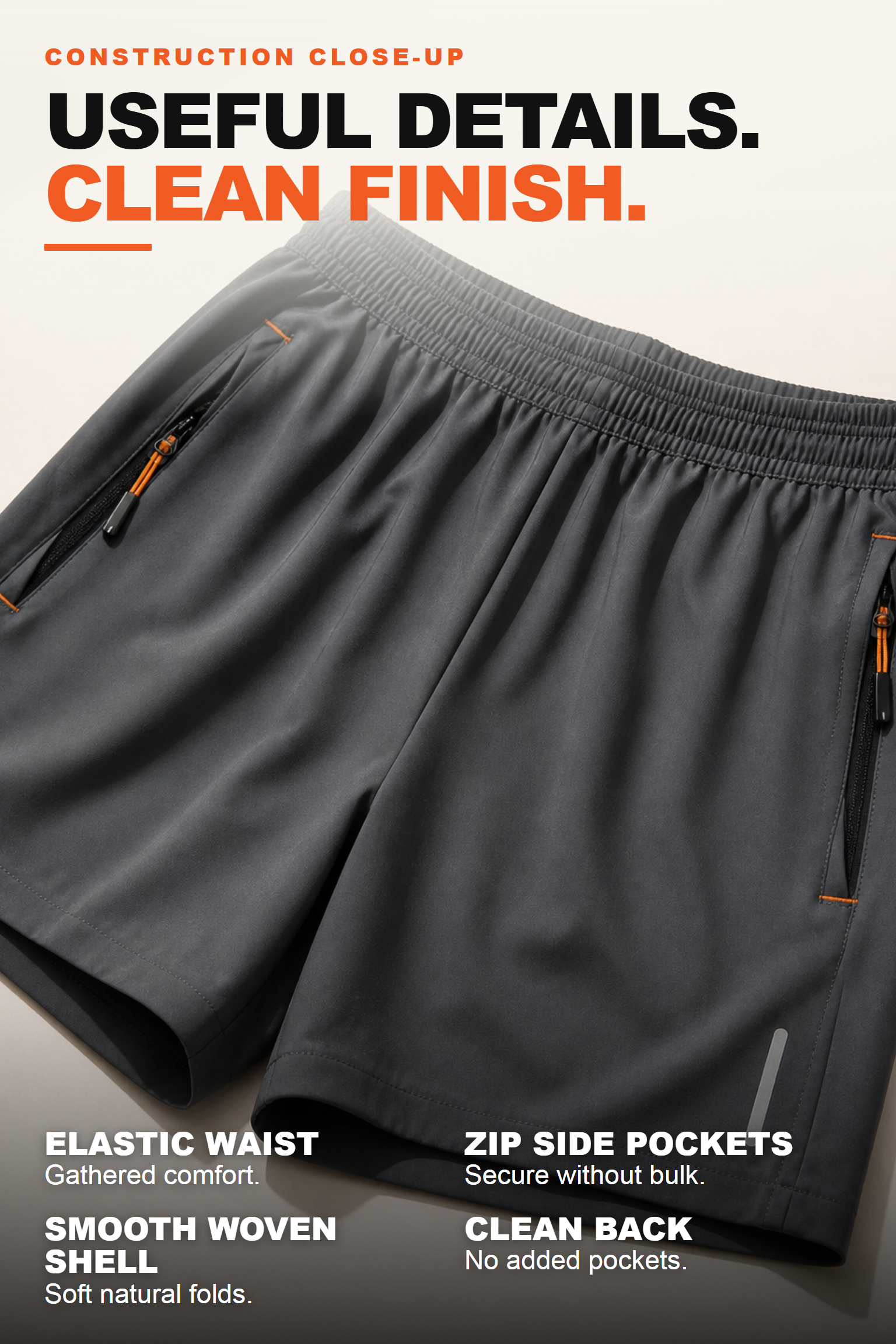 Men's active shorts waistband, woven fabric, zip pocket and clean construction details