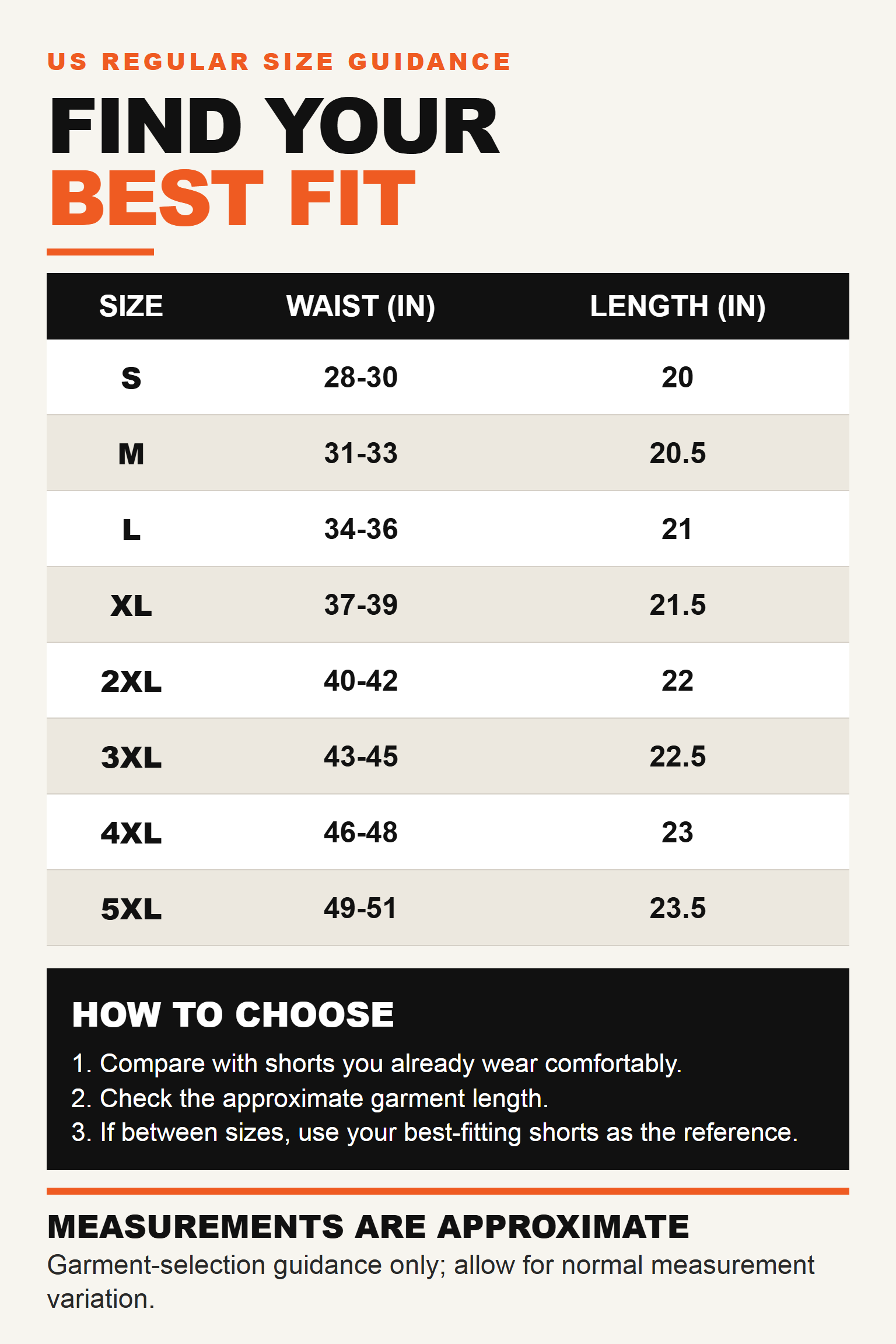 Men's active shorts US regular size guide from S through 5XL without SKU imagery