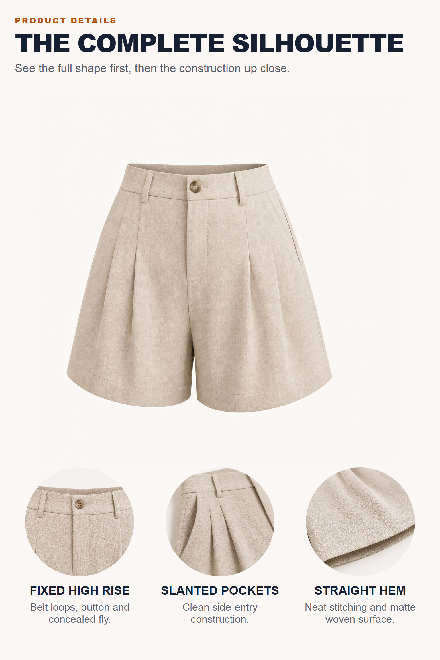 Large product view with fixed high-rise waistband, front pleats, side pockets and straight hem details