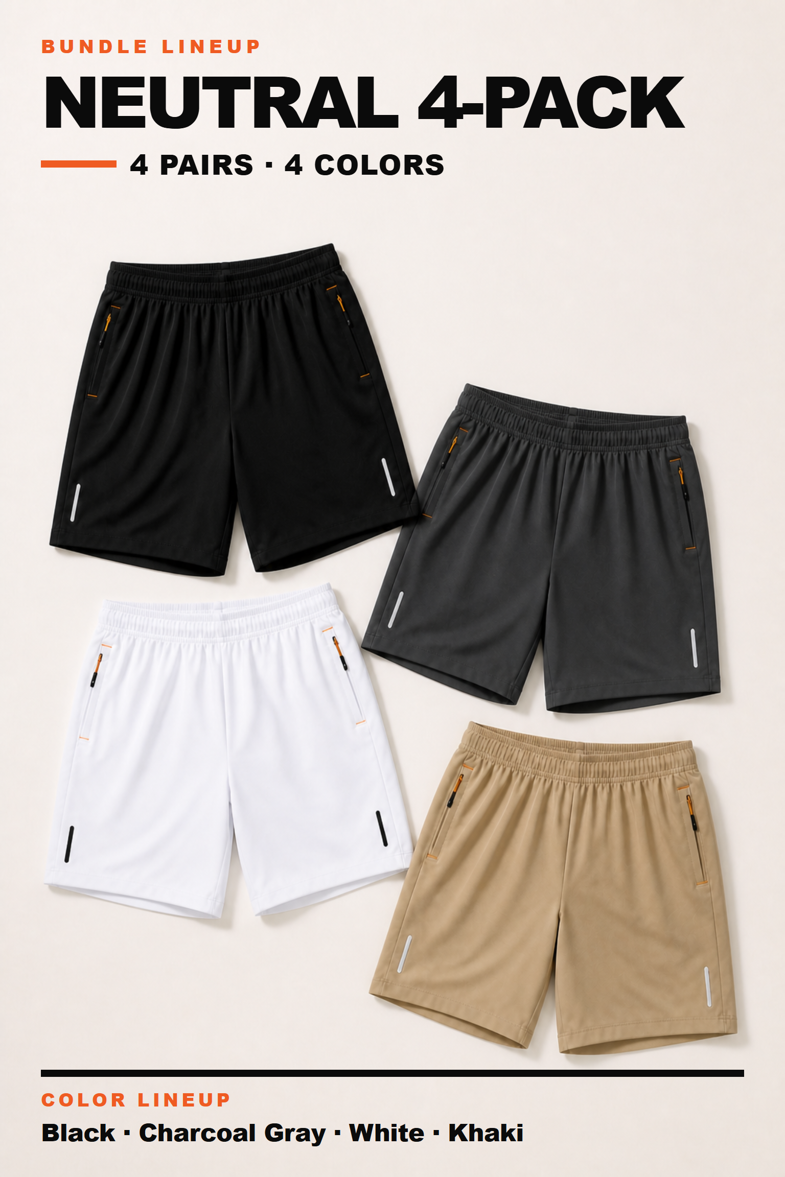 Neutral four-pack active shorts without gradient effects in Black, Charcoal Gray, White and Khaki