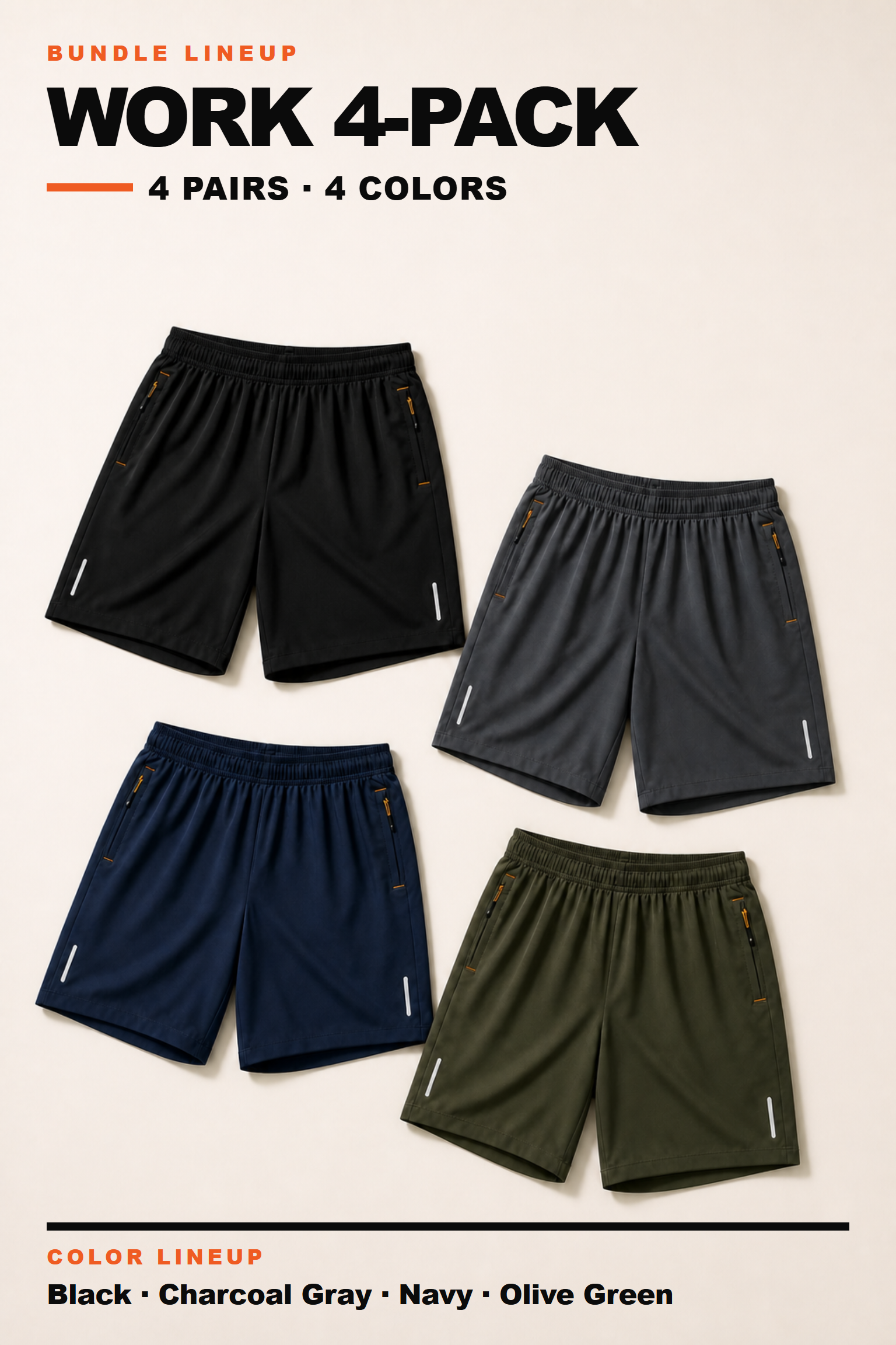 Work four-pack active shorts without gradient effects in Black, Charcoal Gray, Navy and Olive Green