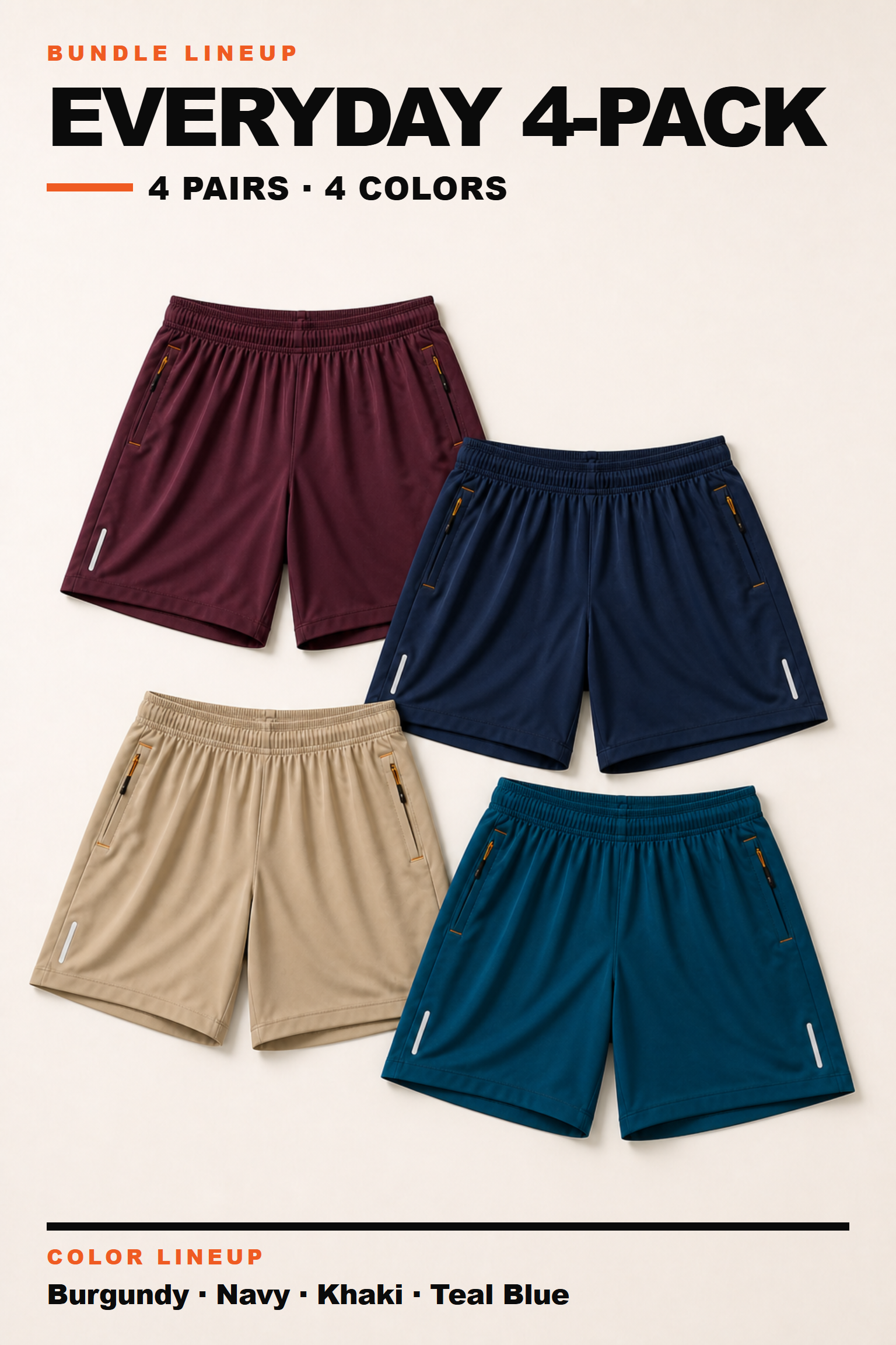 Everyday four-pack active shorts without gradient effects in Burgundy, Navy, Khaki and Teal Blue