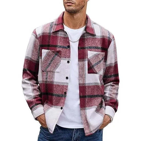 Burgundy plaid flannel shirt jacket.