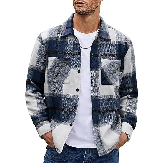 Navy plaid flannel shirt jacket.