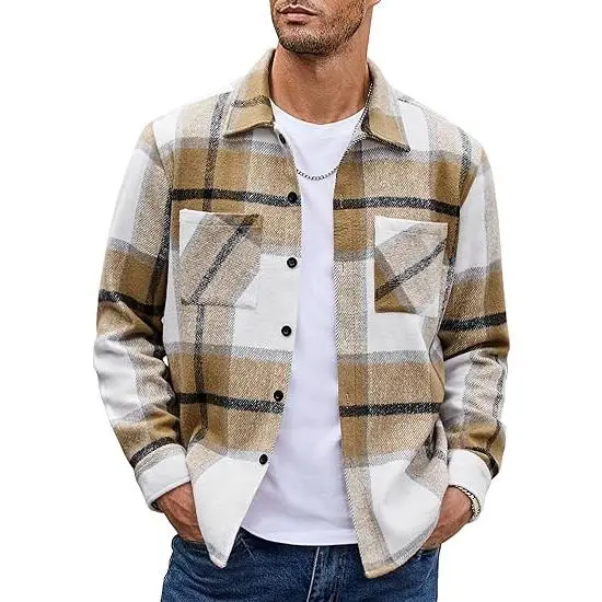 Tan plaid flannel shirt jacket.
