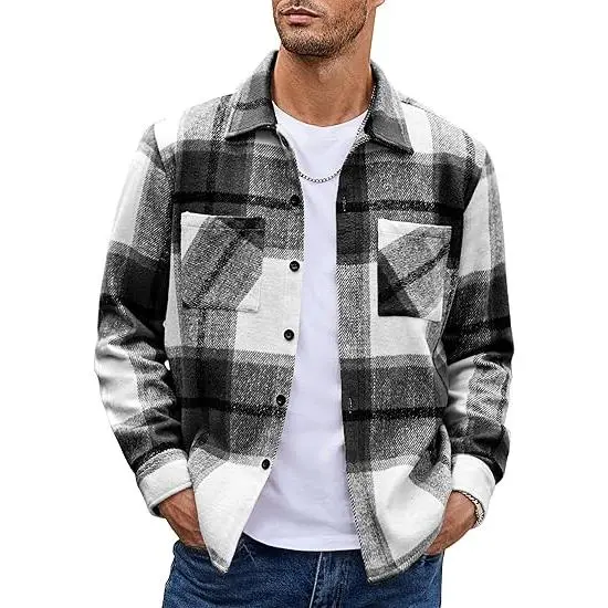 Black and white plaid flannel shirt jacket.