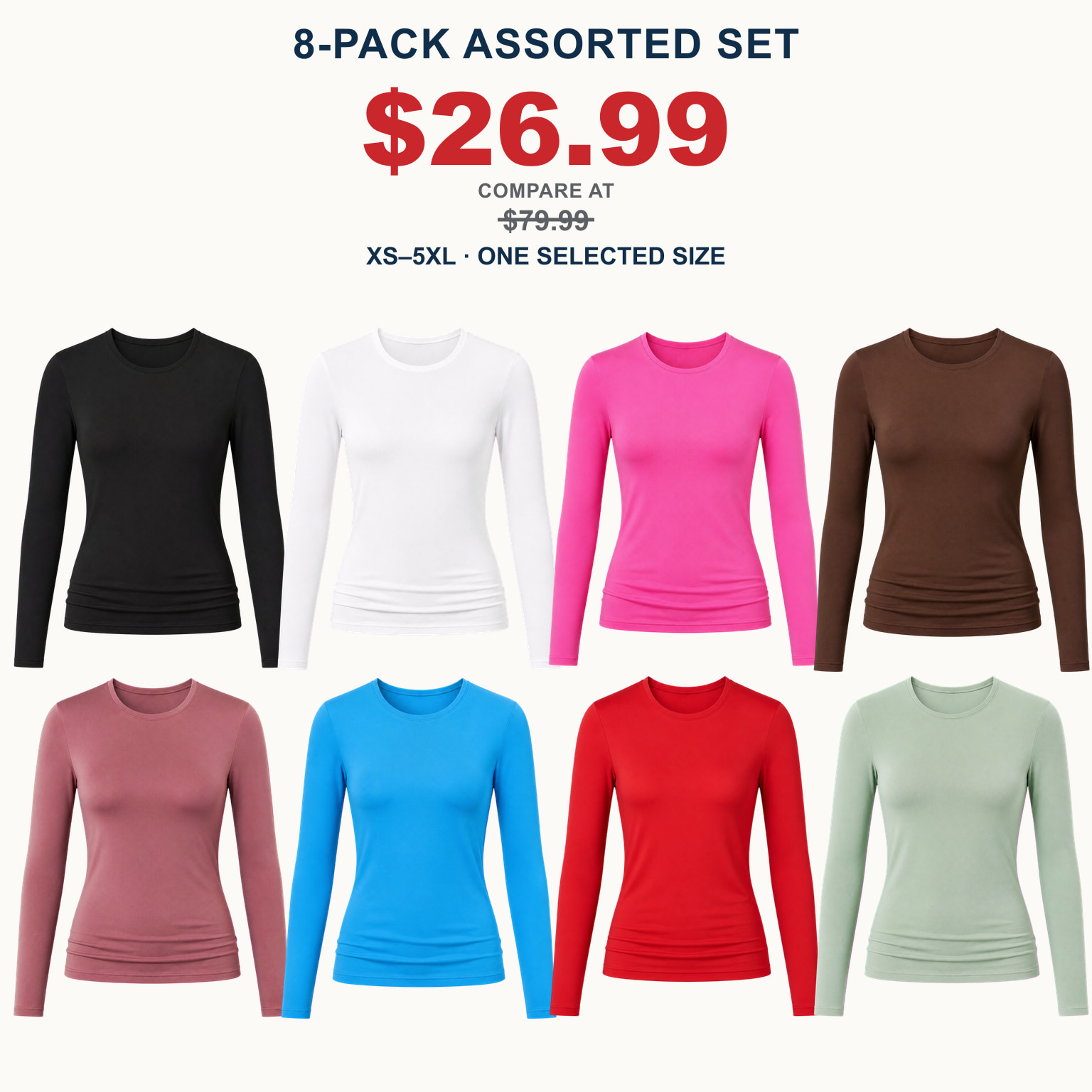 Eight-pack assorted set of women's crew-neck long-sleeve tops in eight colors
