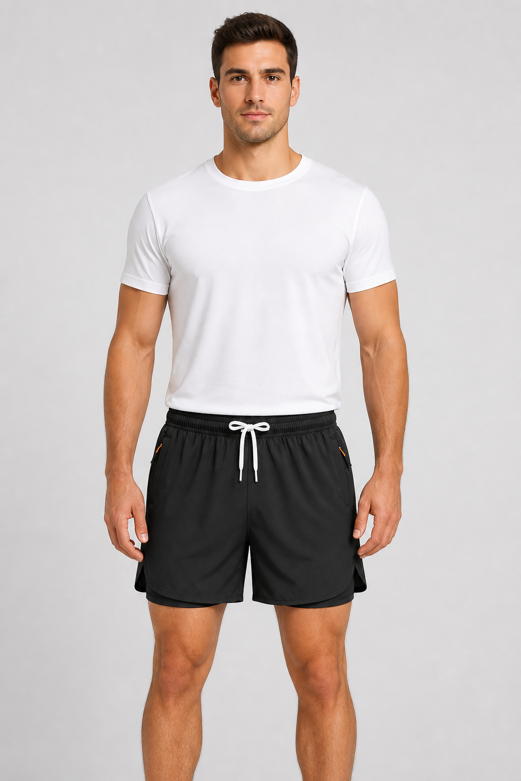 Men's black lightweight lined athletic shorts front fit