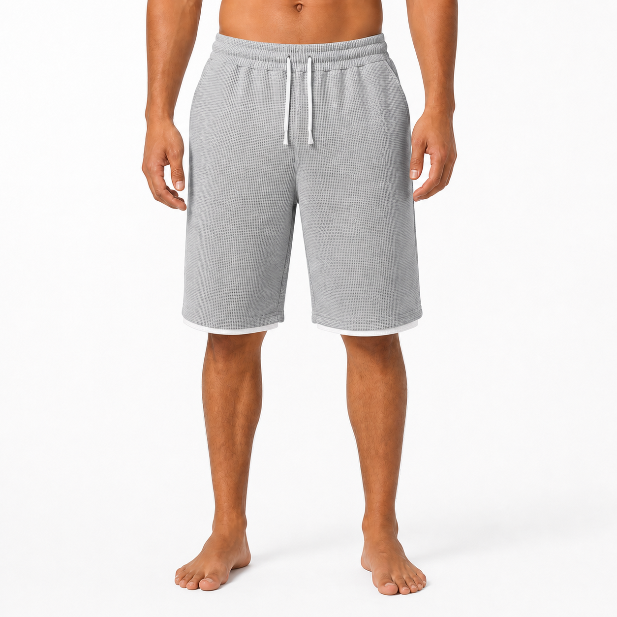 Front view light heather gray waffle shorts with white inner lining
