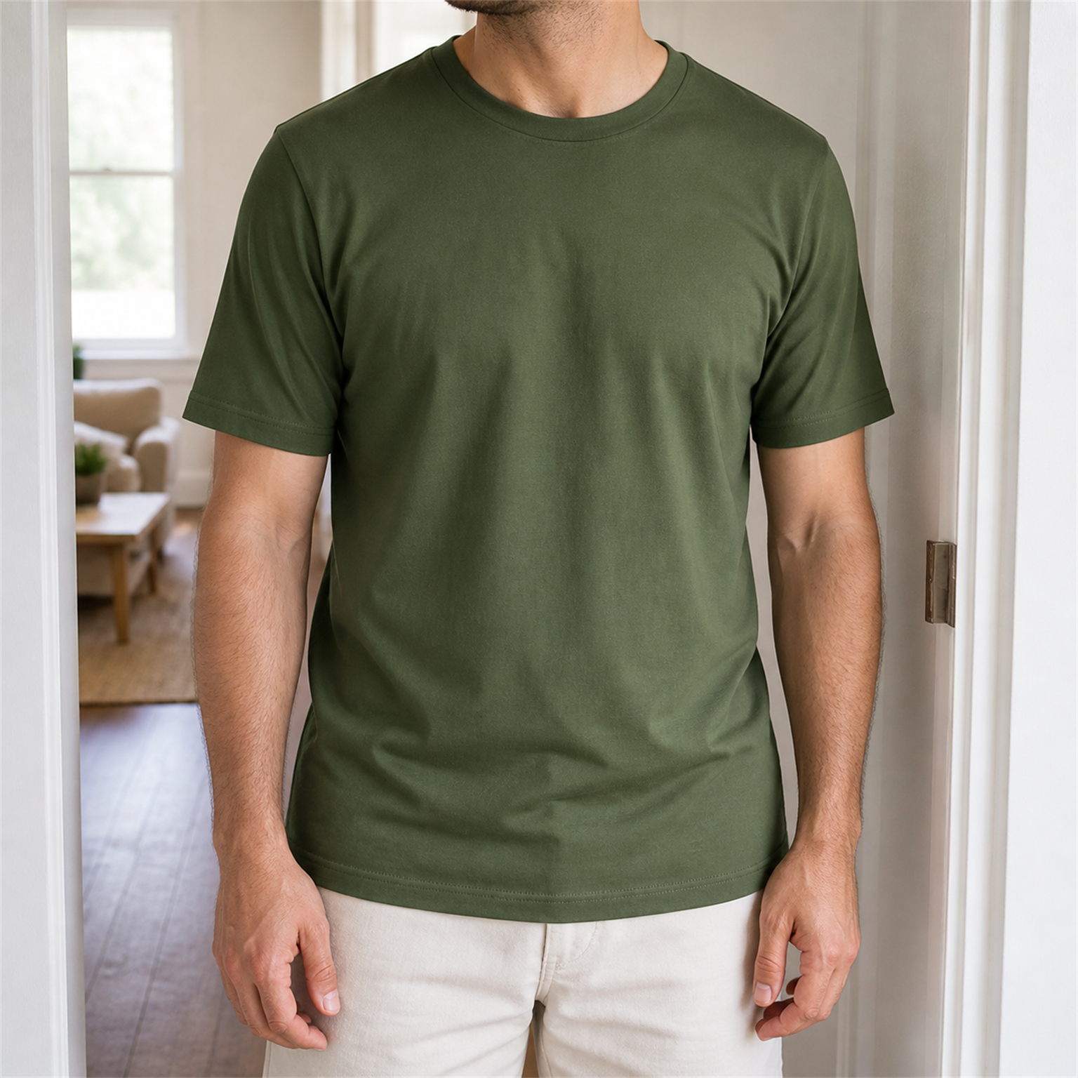 Men smooth crew-neck T-shirt real front lifestyle view