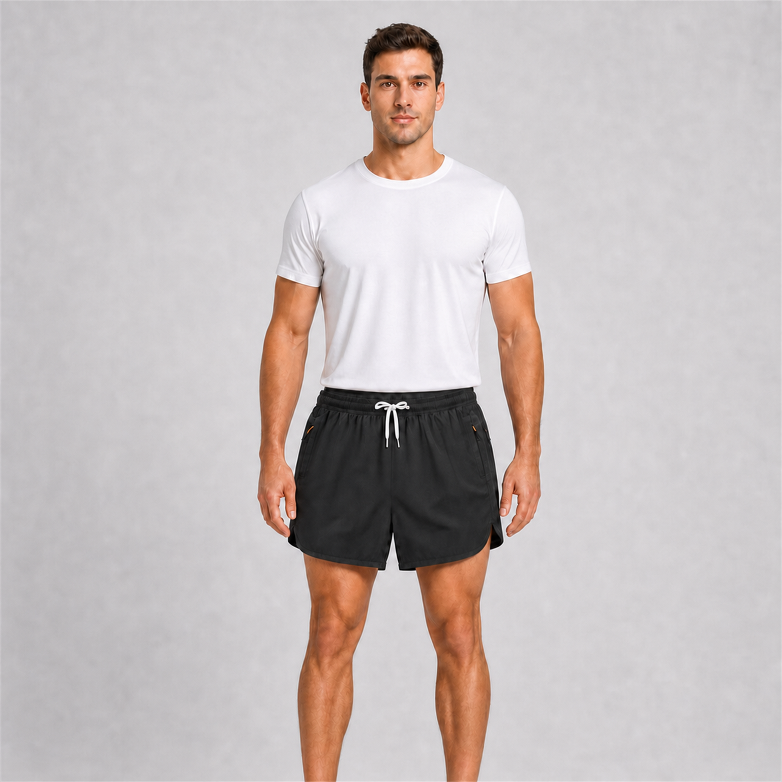 Men's black lightweight lined athletic shorts front fit