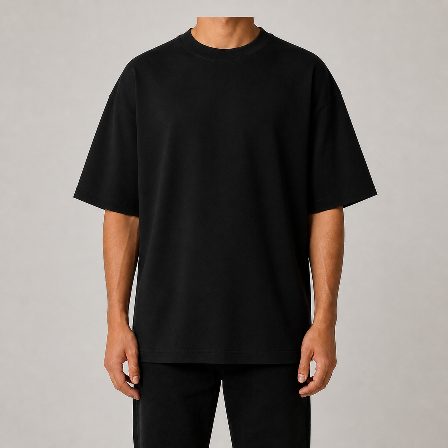 Full front view of men's black 7.5oz heavyweight oversized T-shirt without model face