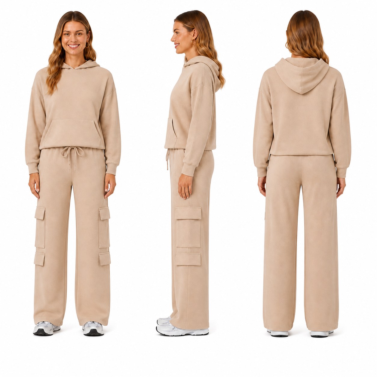 Square front, side and back views of the beige knitted hoodie and four-pocket cargo pants set