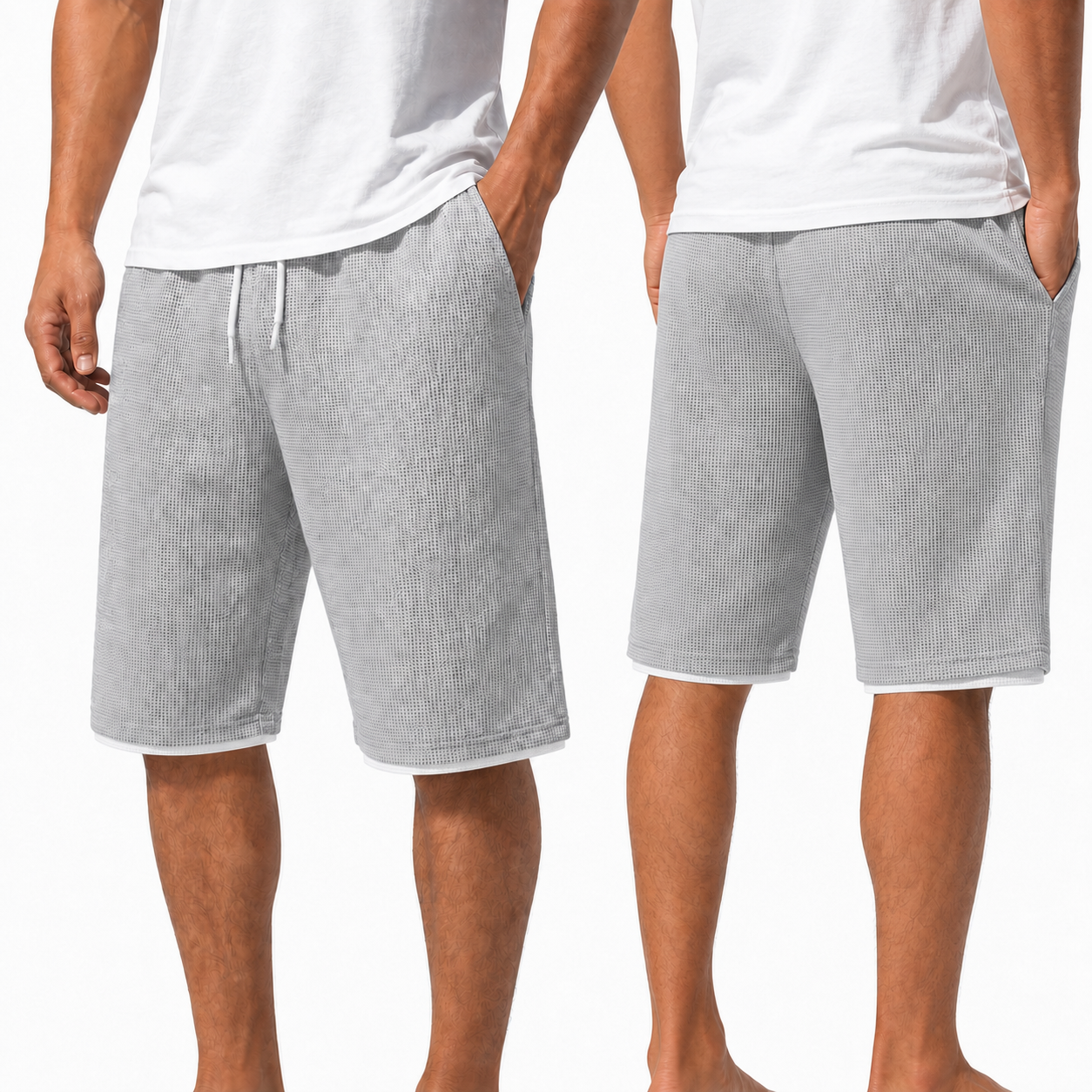 Front and back views of waffle shorts with white inner lining