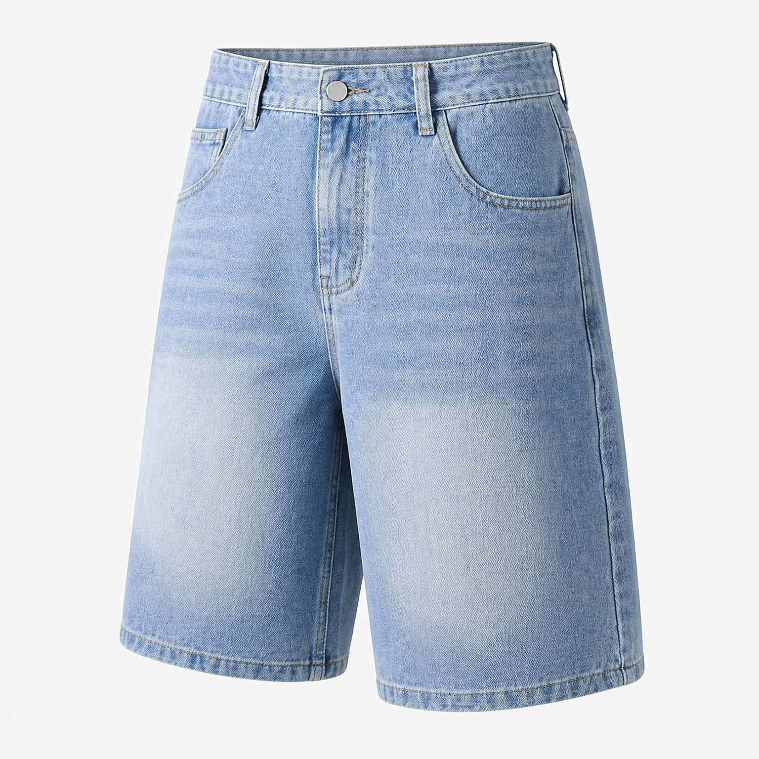 Complete front view of light denim blue five-pocket men's shorts