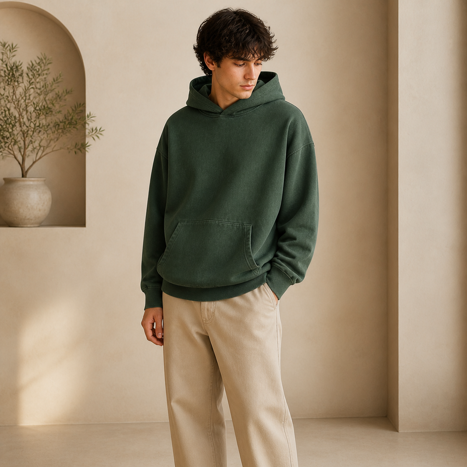 Adult model wearing the Green vintage wash pullover hoodie in a warm interior
