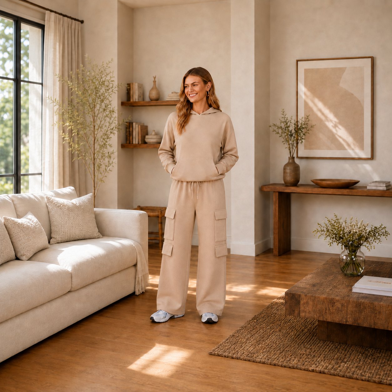 Square full-body home view of the beige knitted hoodie and four-pocket cargo pants set