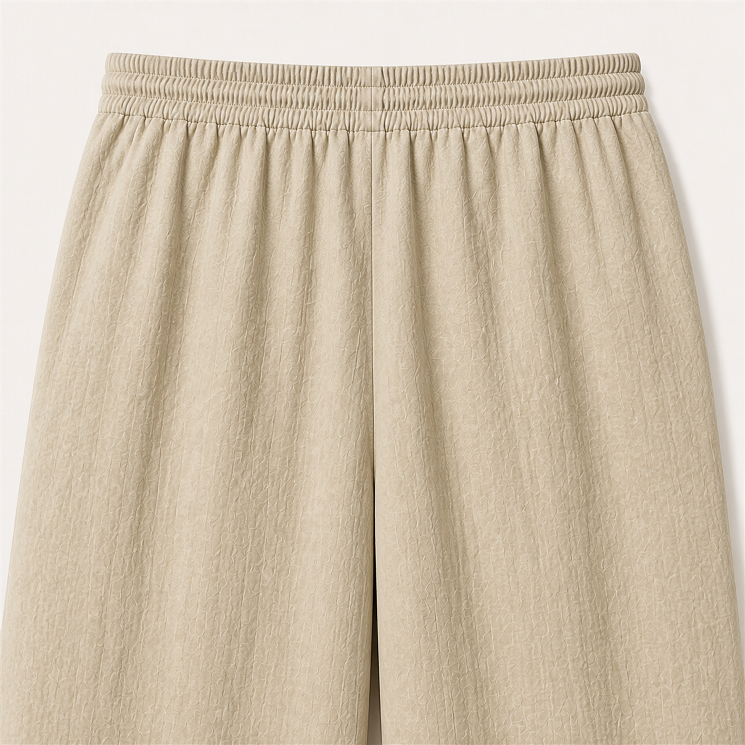 Large light-khaki rear detail showing the complete gathered waistband, clean rear panel and no rear pockets