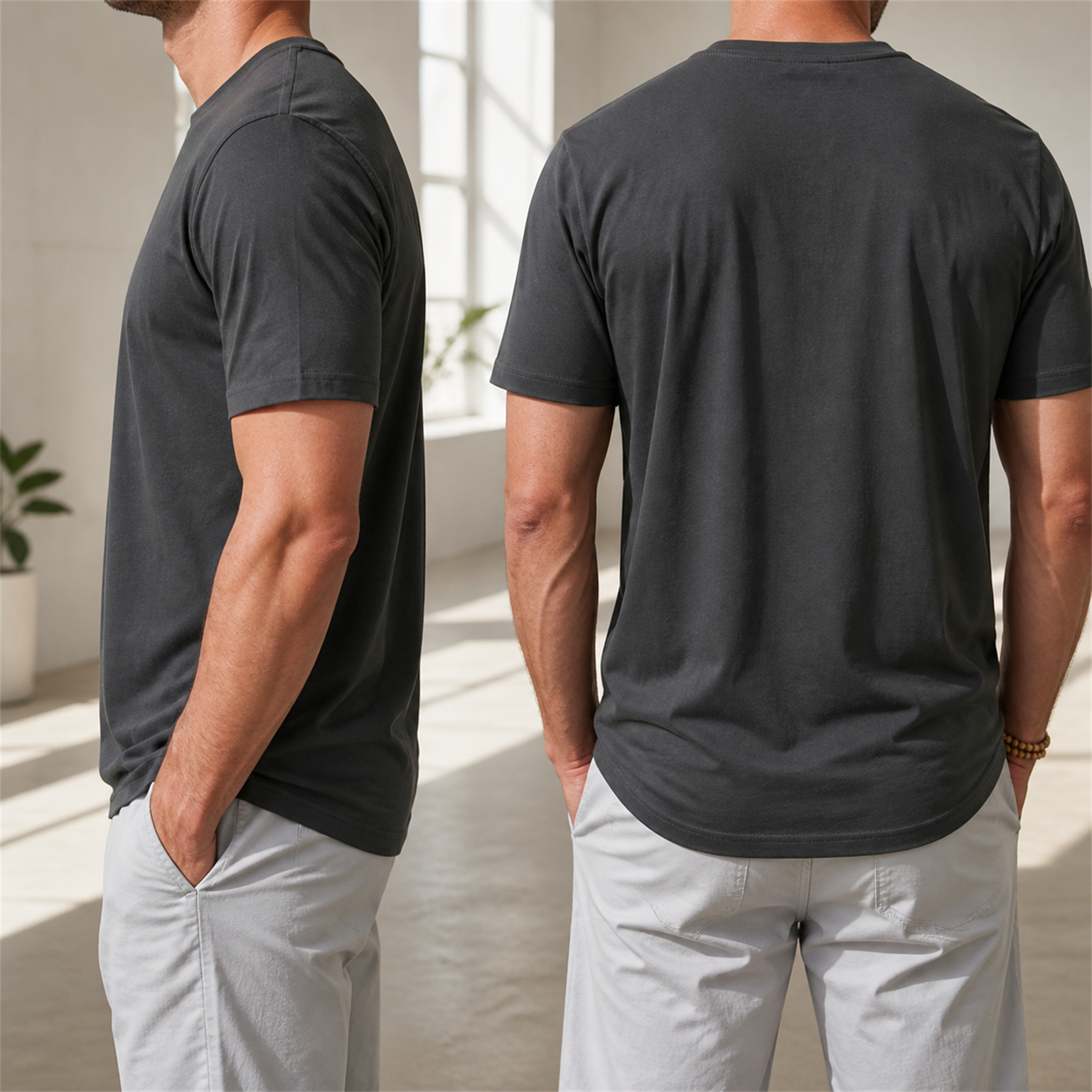 Men smooth crew-neck T-shirt real side and back lifestyle view