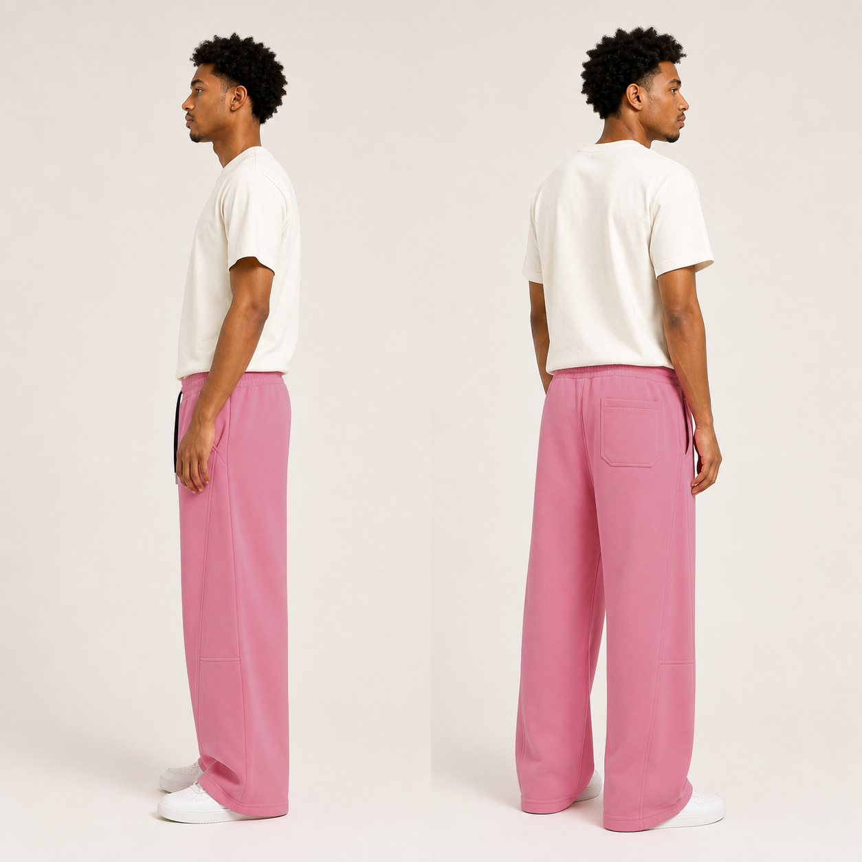 Side and back fit of pink drawstring wide-leg sweatpants