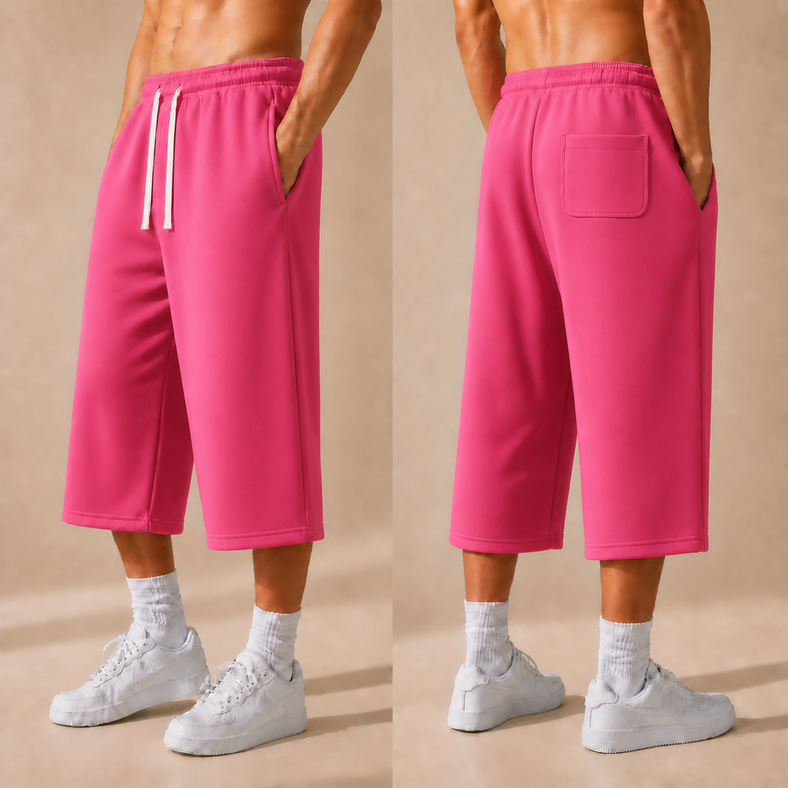 Men's pink plain-matte French-terry cropped pants, side and back views