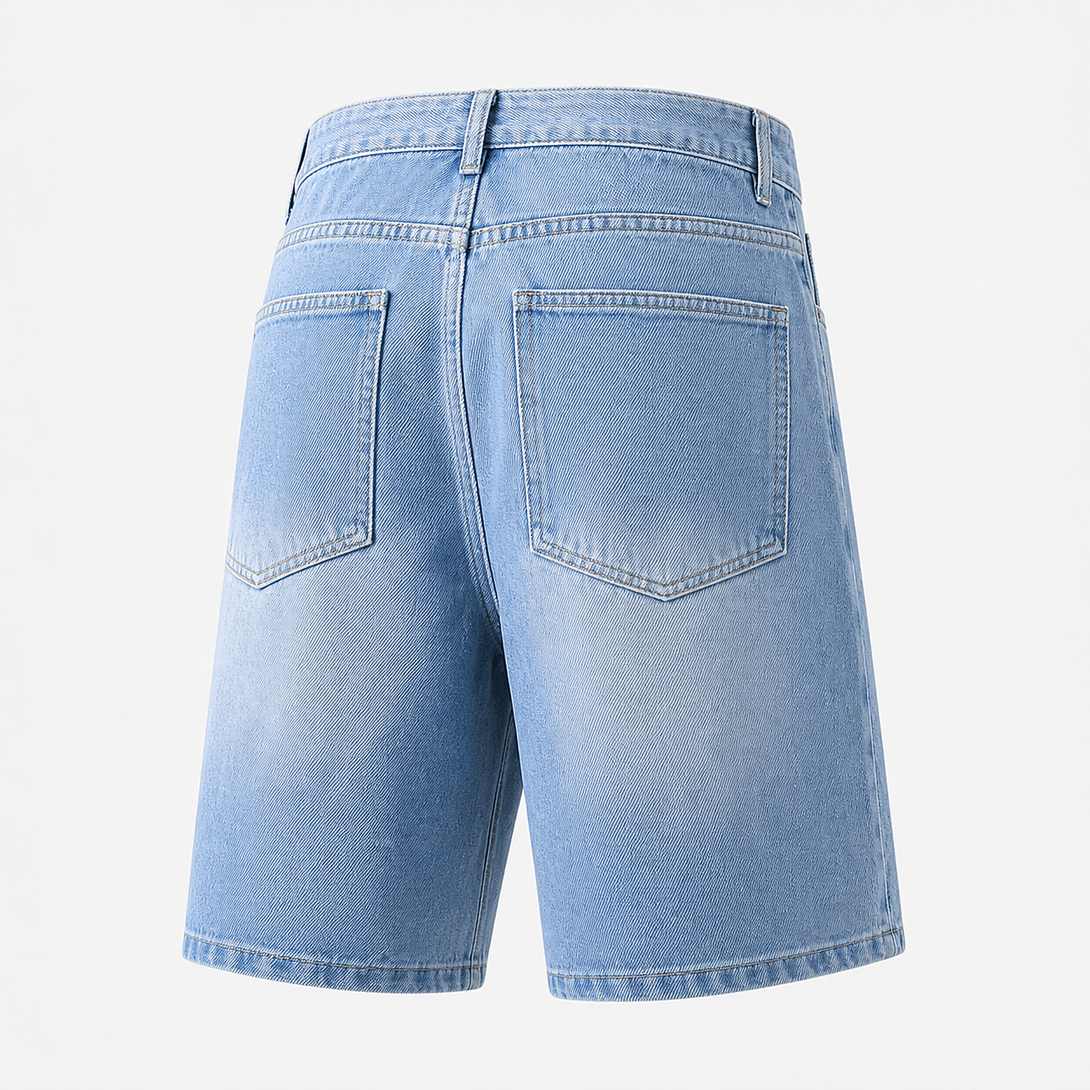 Complete back view of light denim blue shorts with two patch pockets