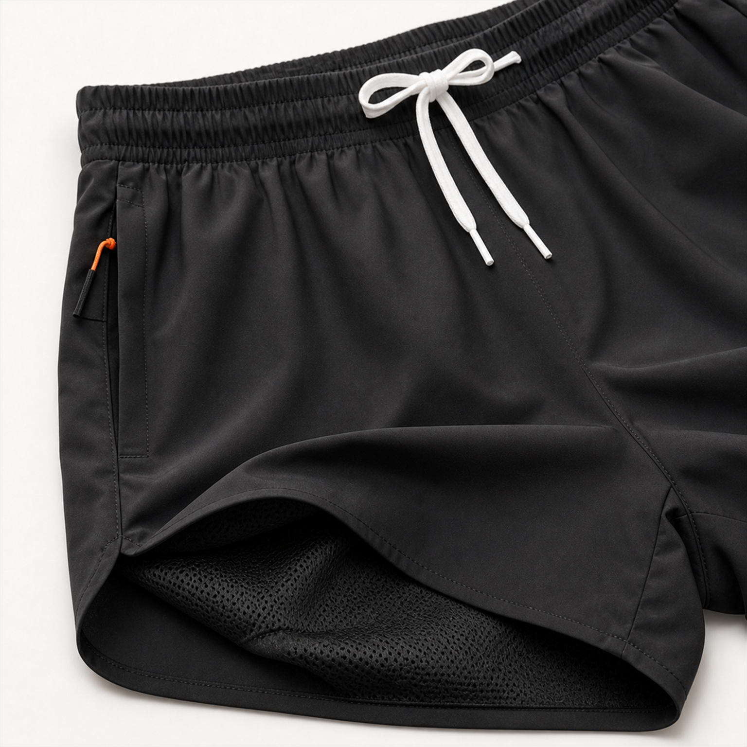 Elastic waist pocket curved hem and lining detail
