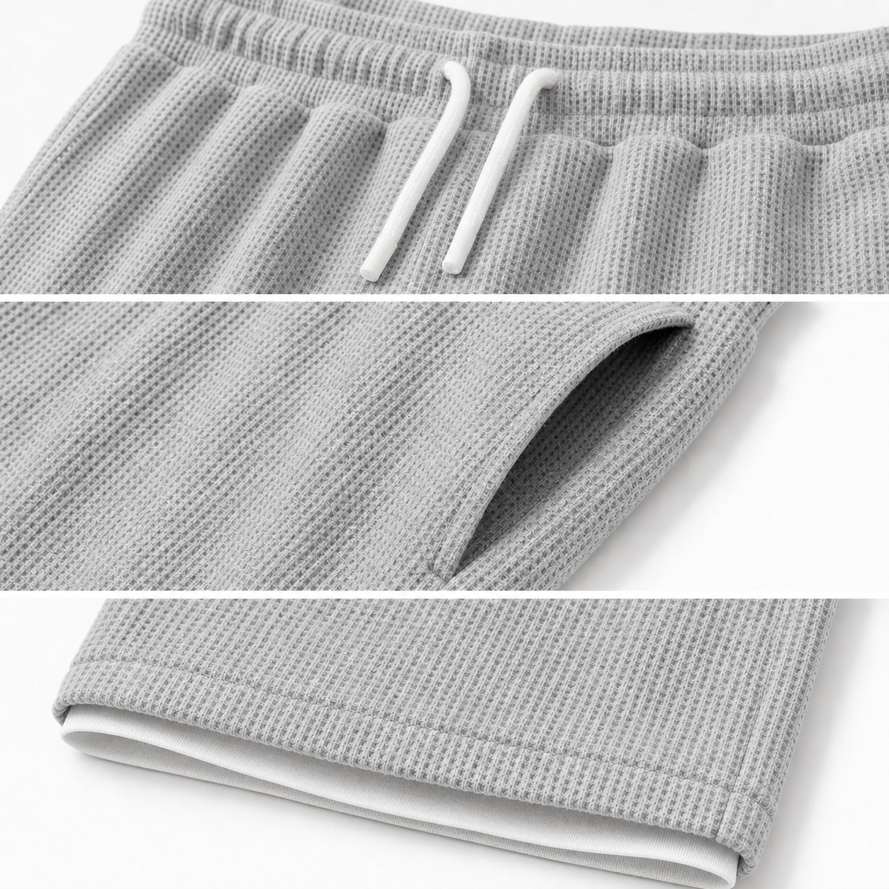 Waffle shorts waistband pocket and layered hem details