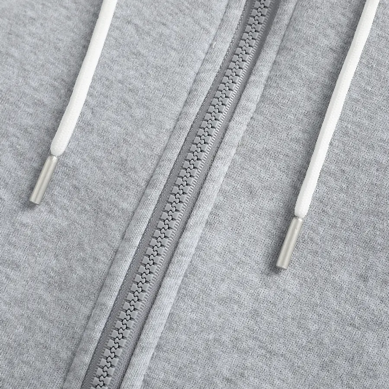 Real full-zip hoodie fabric, zipper and white drawcord detail