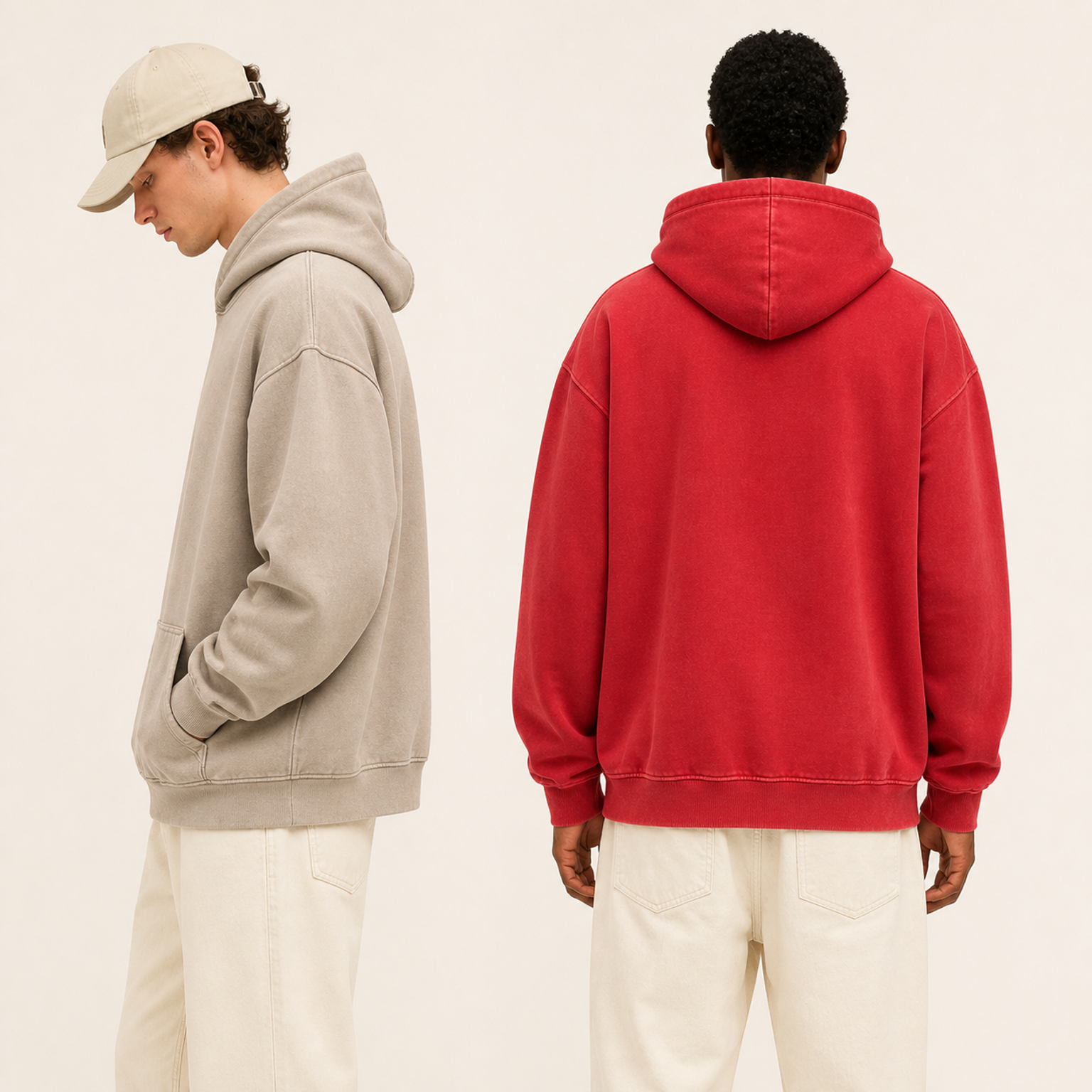 Adult models wearing Beige side view and Red back view vintage wash pullover hoodies