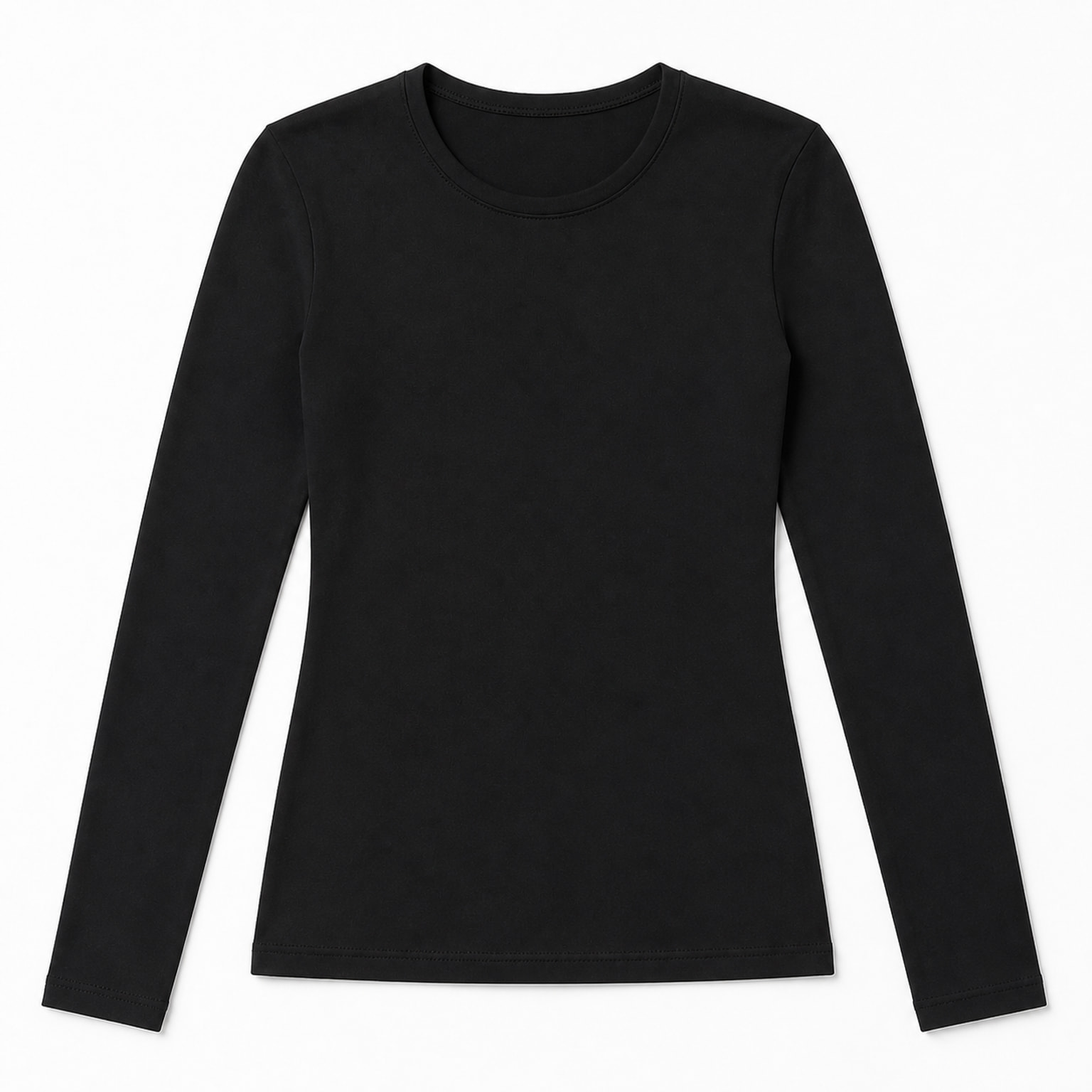 Jet Black crew-neck long-sleeve top laid flat with continuous sleeves, neckline, cuffs and stitched hem