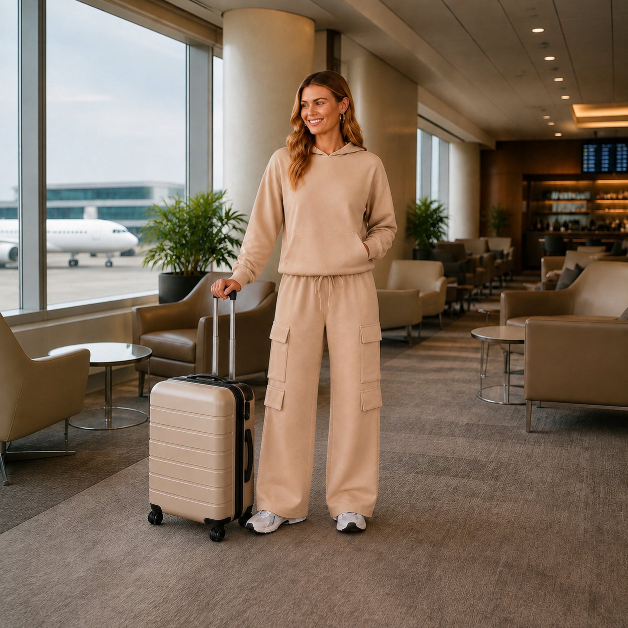 Square full-body travel view of the beige knitted hoodie and four-pocket cargo pants set