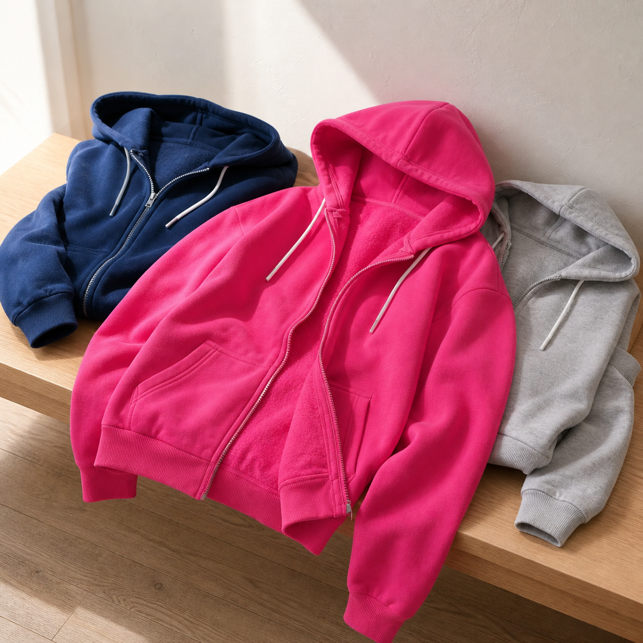 Rose red, navy blue and light gray adult full-zip hoodies naturally arranged on a wooden bench